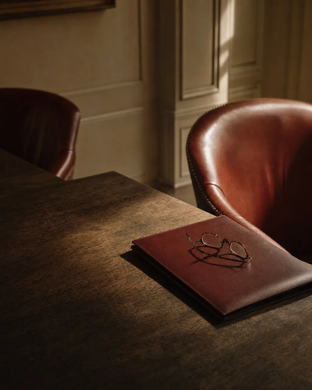 Empty leather chairs at an oak meeting table with a closed document folder and reading glasses