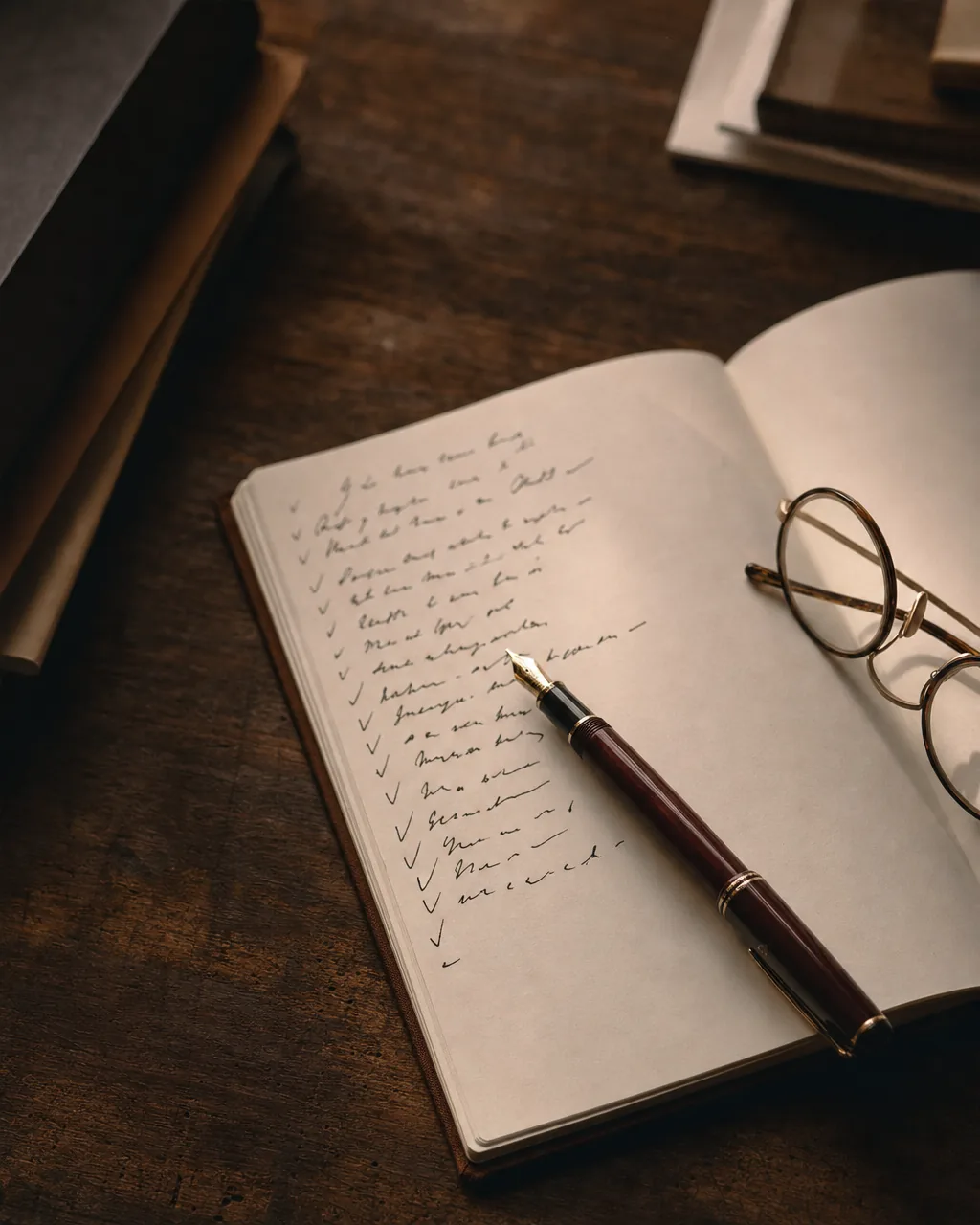 Open notebook with a handwritten checklist and fountain pen resting on a worn oak desk