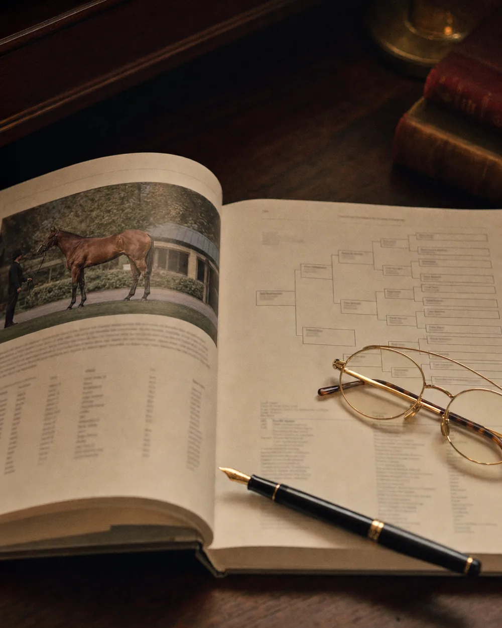 Open Thoroughbred sale catalogue and pedigree page with reading glasses on an oak desk