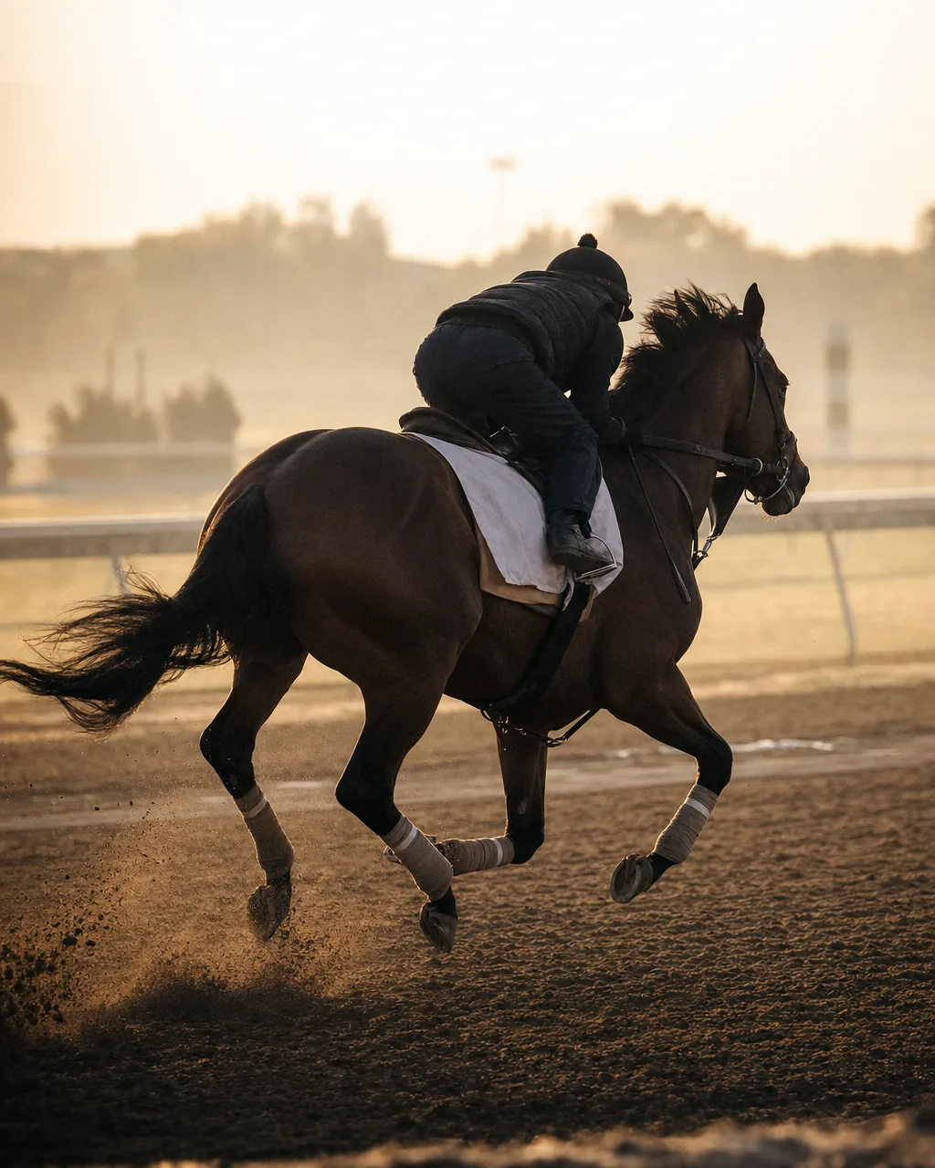 A two-year-old Thoroughbred breezing at dawn on a dirt training track, rider crouched low.