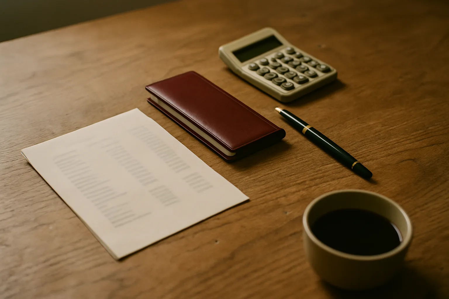Financial statement, checkbook, calculator and pen on an oak desk in soft morning light