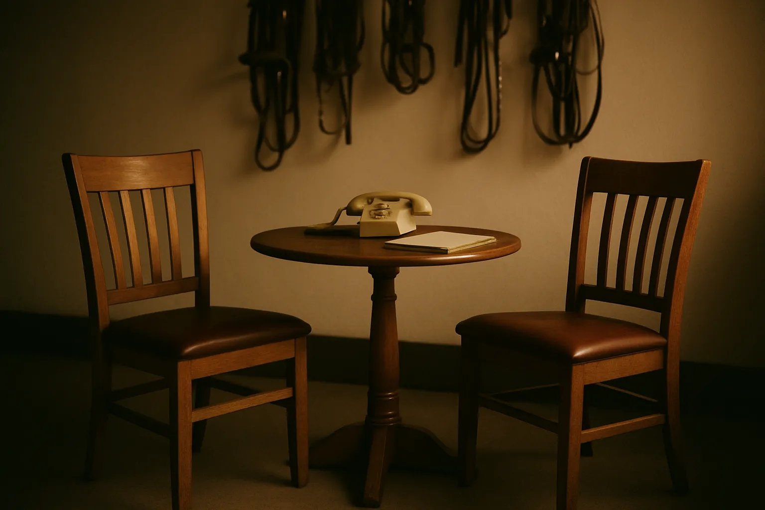Two empty chairs at a small table with an old telephone in a dim tack-room office