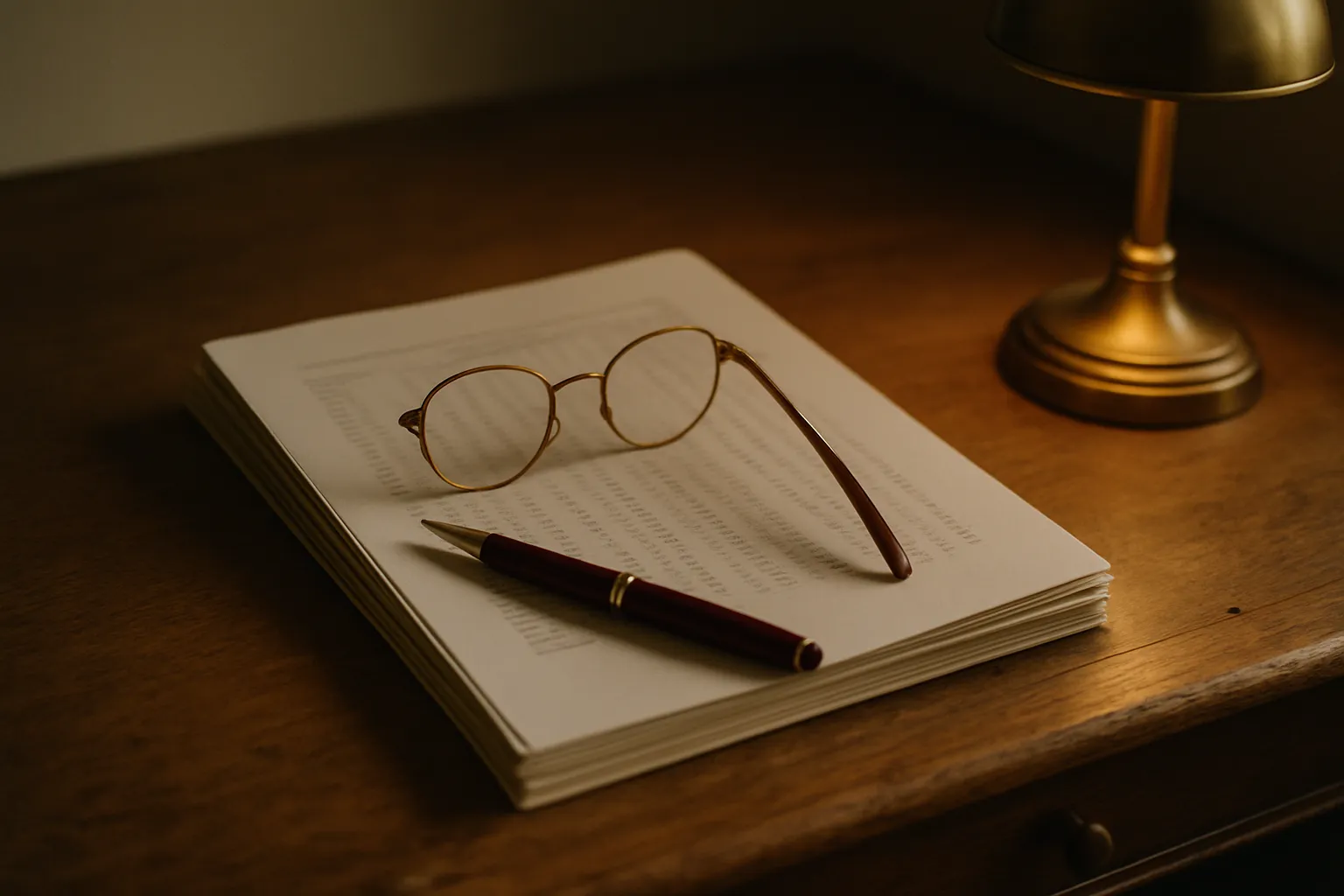 Reading glasses and fountain pen on blurred printed race records under a warm brass lamp