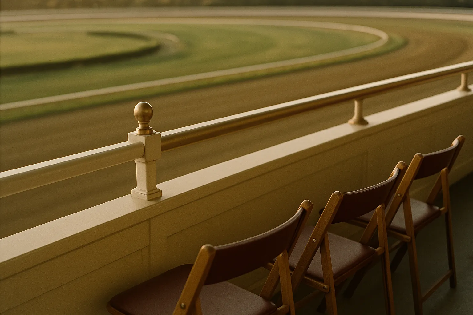 Empty clubhouse balcony rail and oxblood seats overlooking a racetrack at golden hour