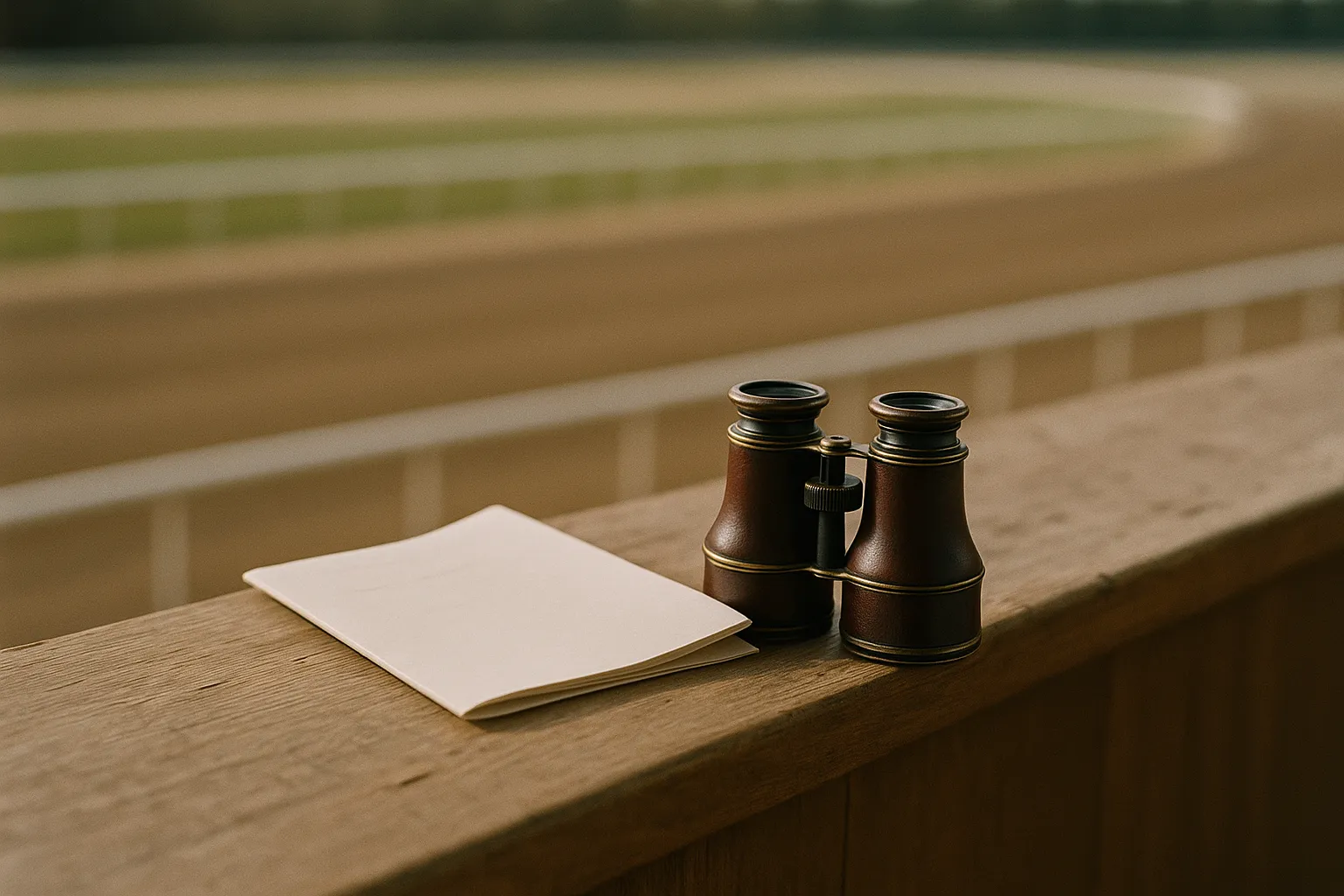 Vintage binoculars and a folded race program on a wooden grandstand rail at a racetrack