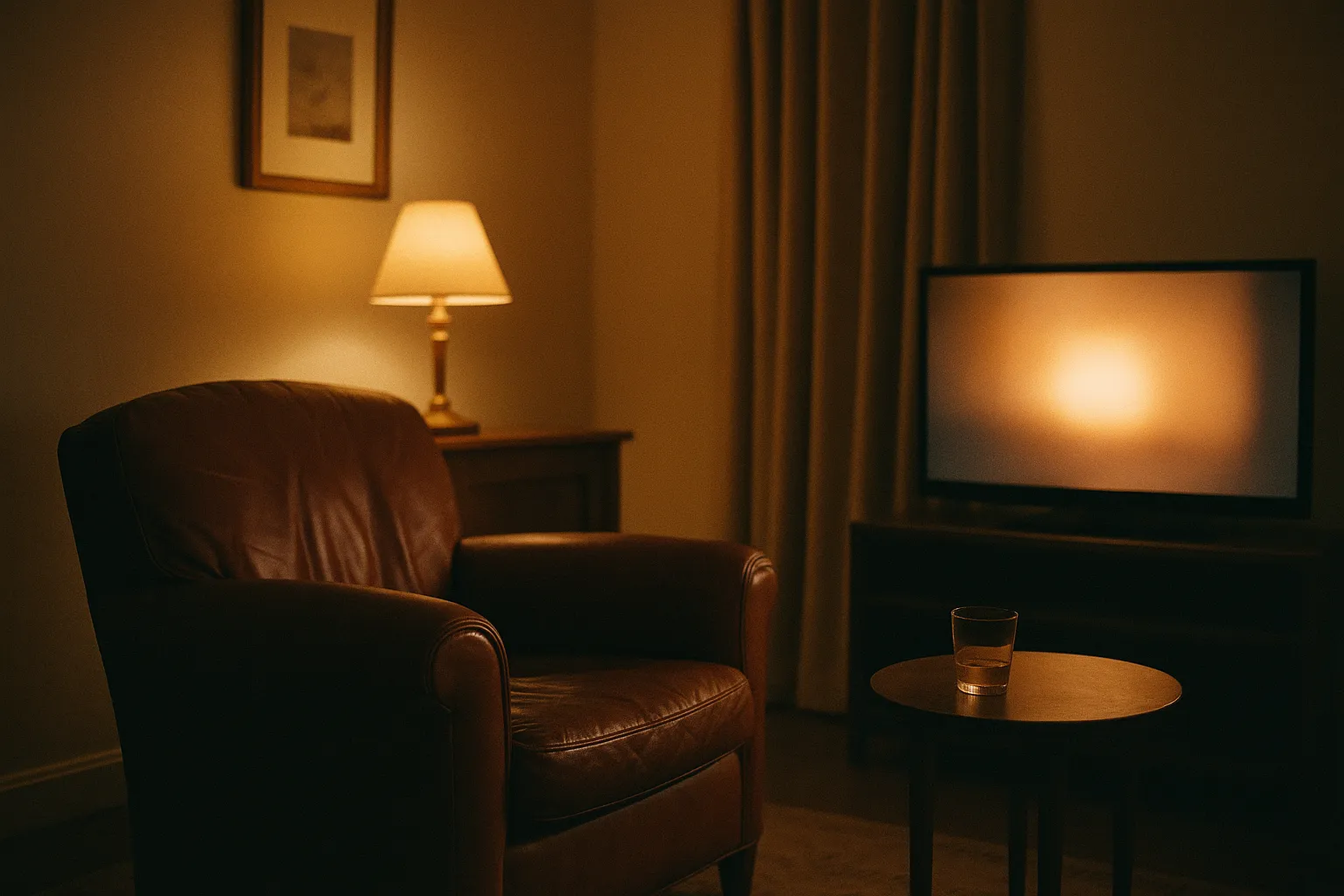 Warm glow of a television in a dim living room with a leather armchair at dusk