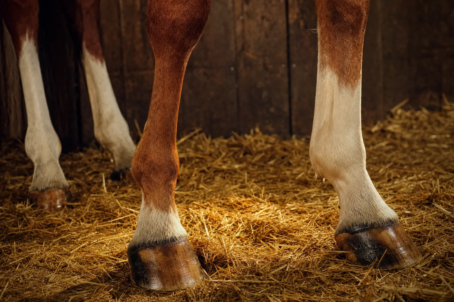 Close detail of a chestnut thoroughbred's lower legs and white-socked hooves on clean straw bedding in a stall.