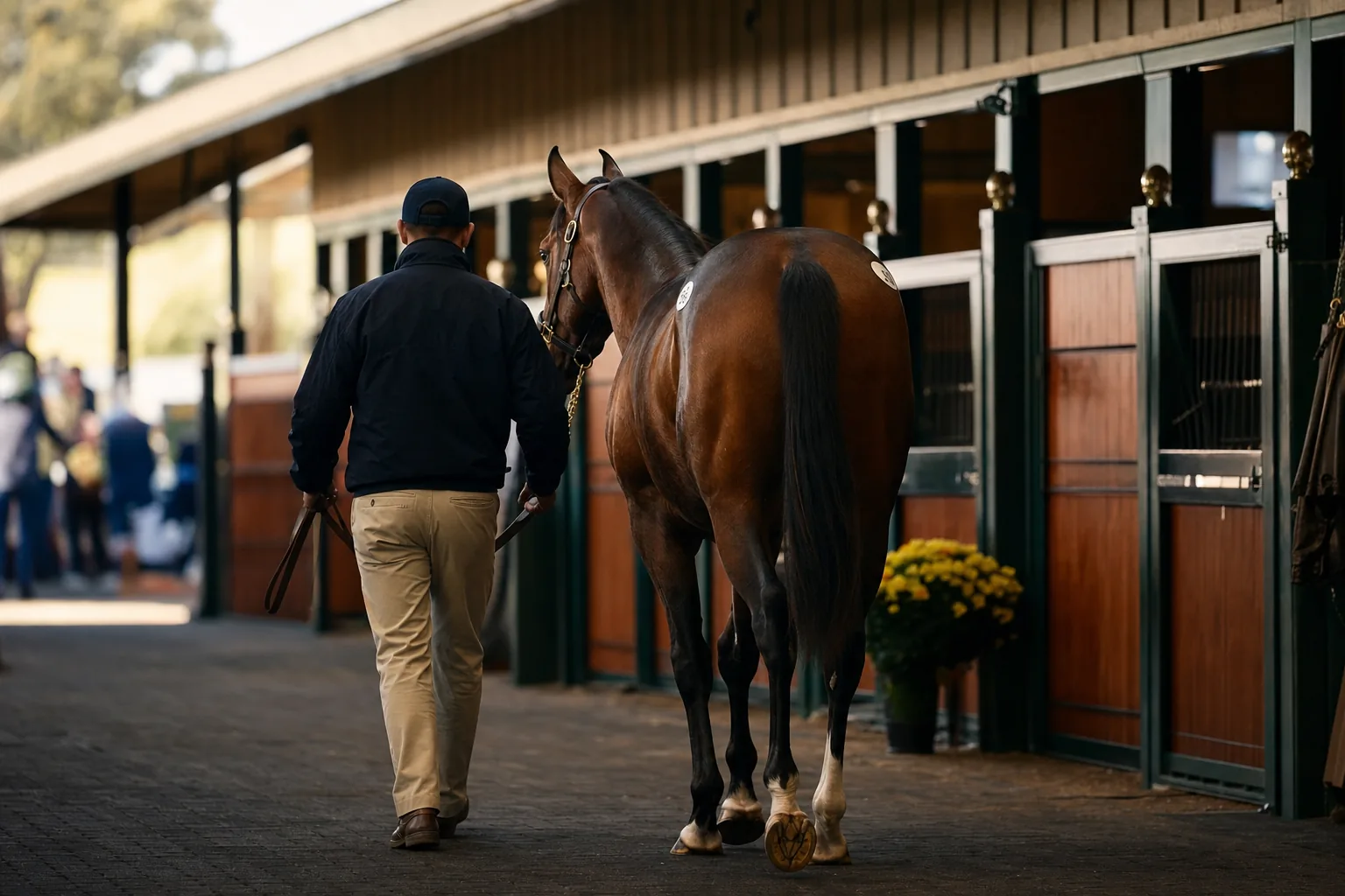 Handler leads a bay thoroughbred down a sale-barn shed row past oxblood stall doors on a bright morning.