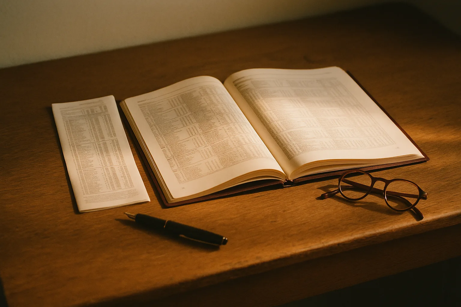 Open racing condition book and form on a worn oak desk with pen and reading glasses