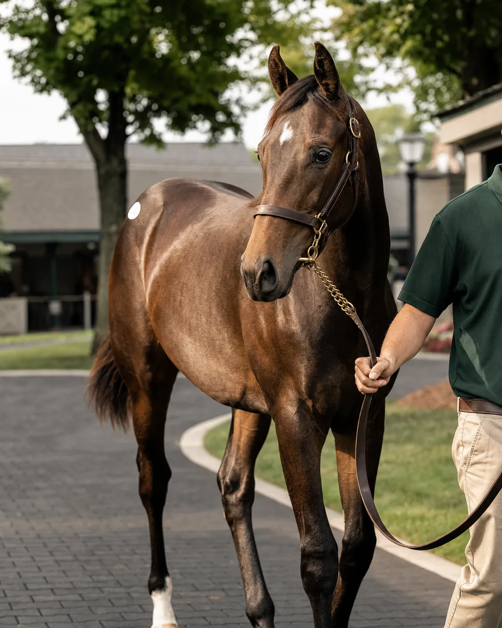 Dark-bay Thoroughbred yearling led on a shank at a horse sales complex walking ring.