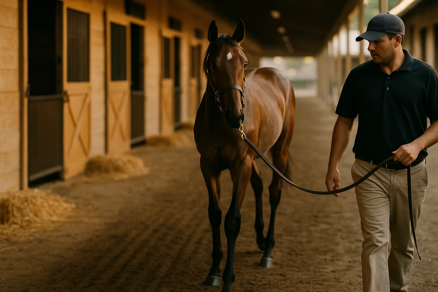 A bay Thoroughbred yearling led by a handler along a sales-barn shedrow at a Thoroughbred auction.