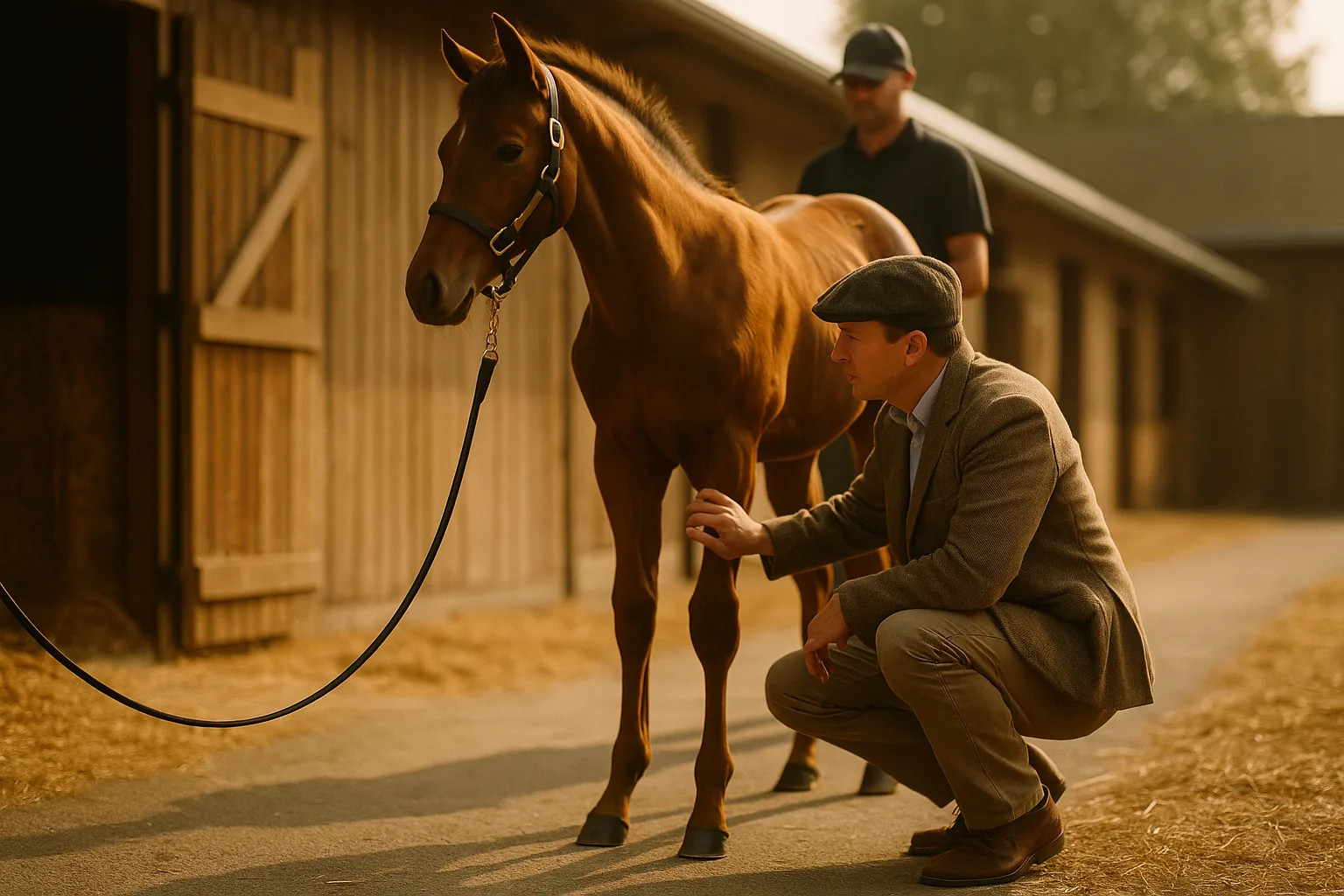 Bloodstock agent in a tweed cap crouches to inspect a chestnut yearling's legs at a sales barn