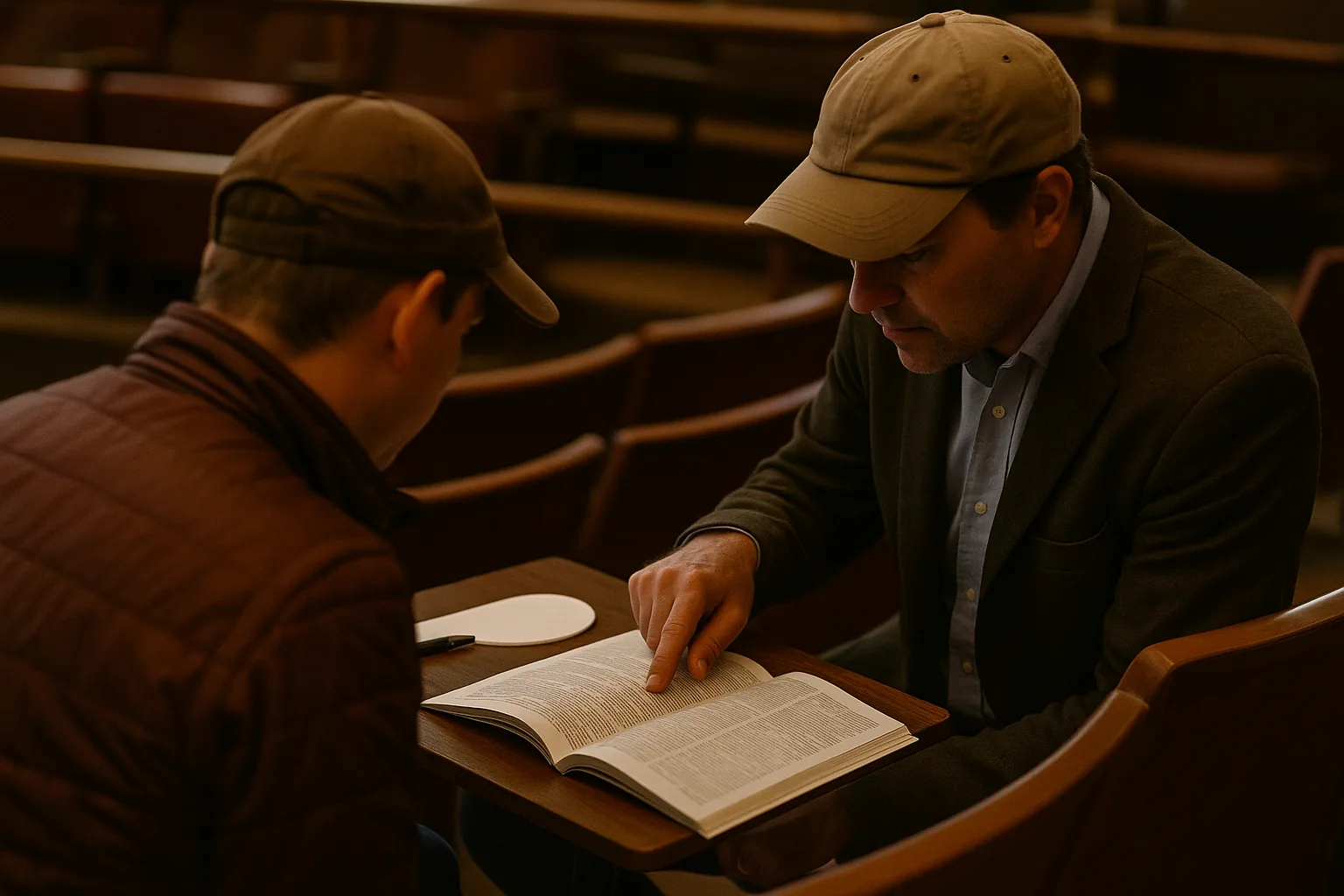 A racehorse owner and bloodstock agent study an open auction sale catalogue at the sales pavilion