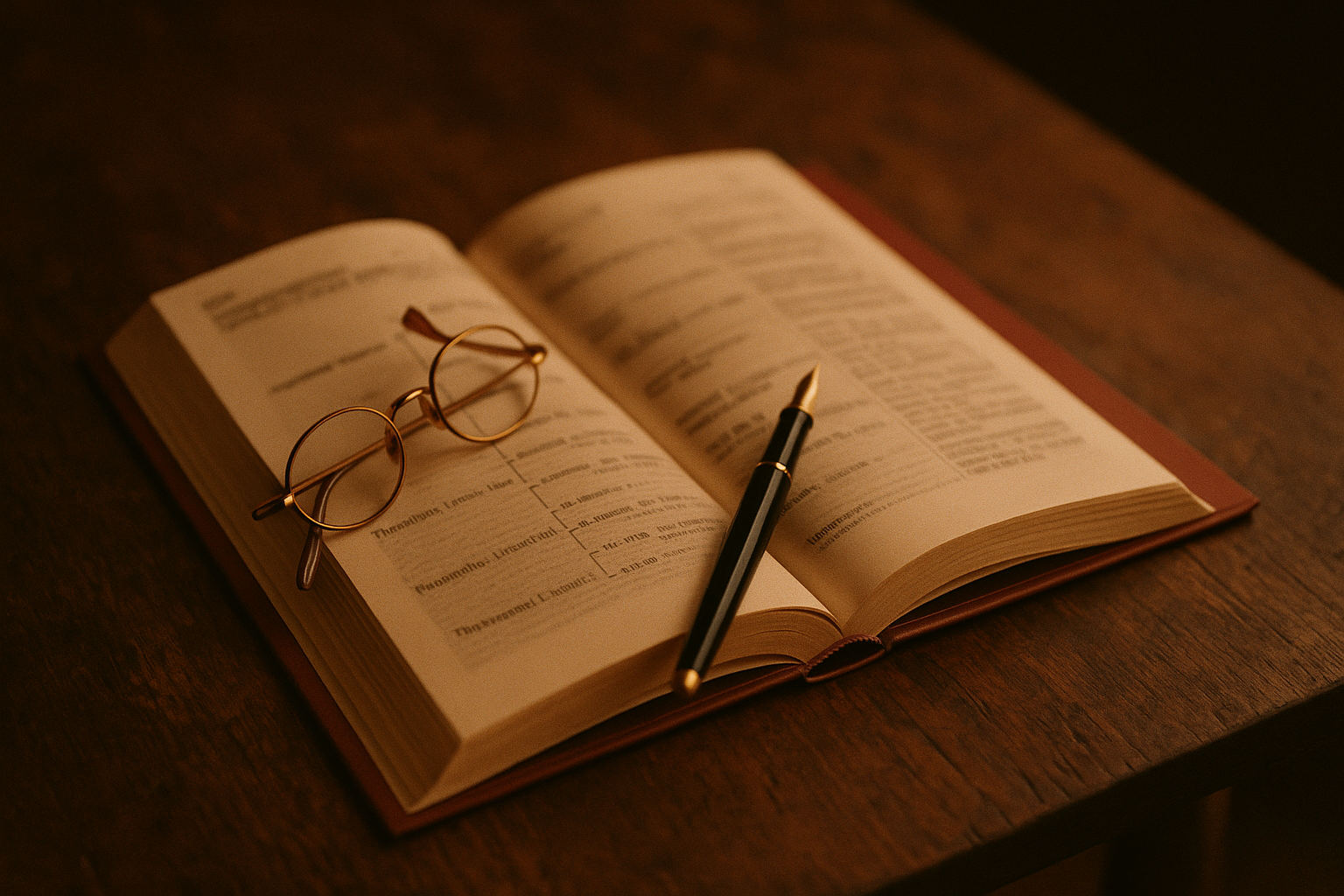 Open thoroughbred sale catalog on an oak table with reading glasses and a fountain pen resting on a pedigree page.