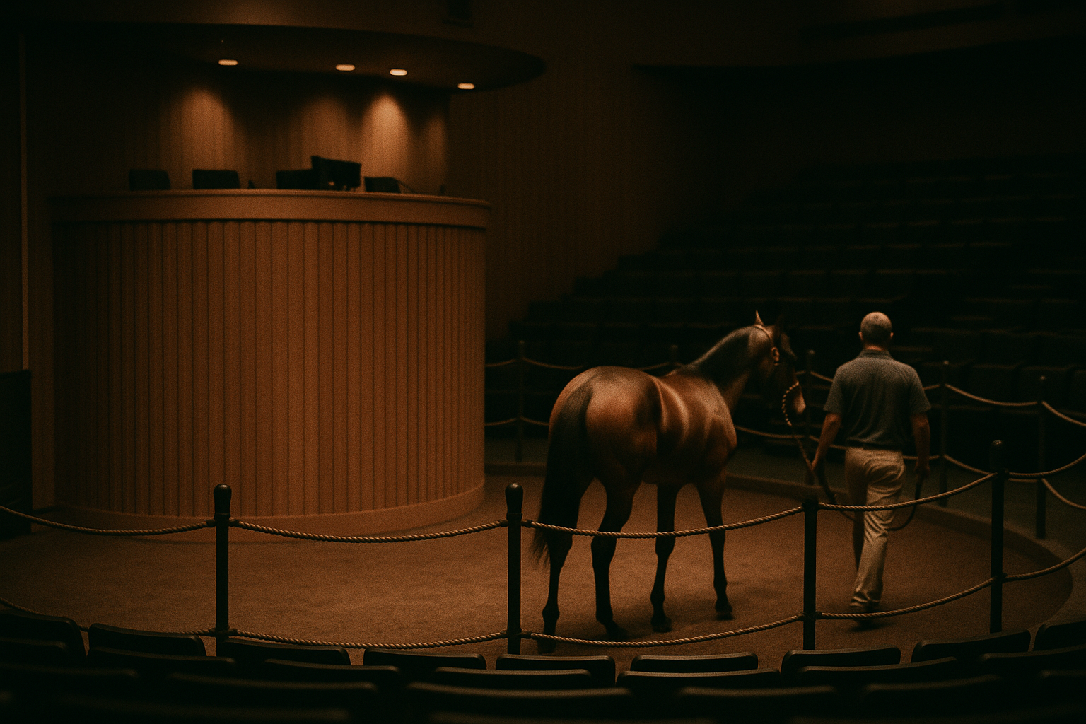 A young horse led on the walking ring inside a thoroughbred auction sales pavilion before the auctioneer's rostrum.