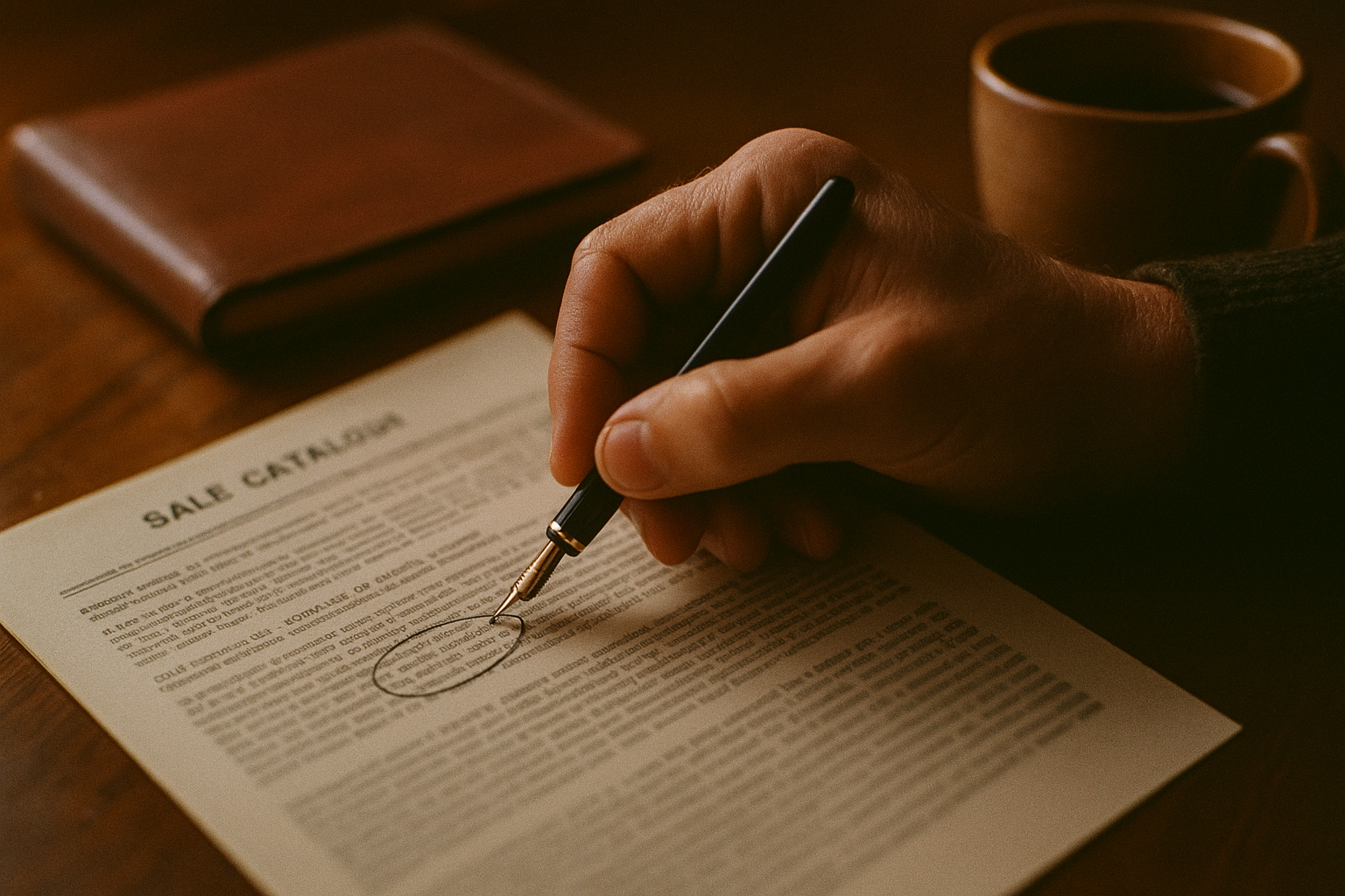 A hand circling a line on a printed sale catalog page with a fountain pen during pre-bid due diligence.