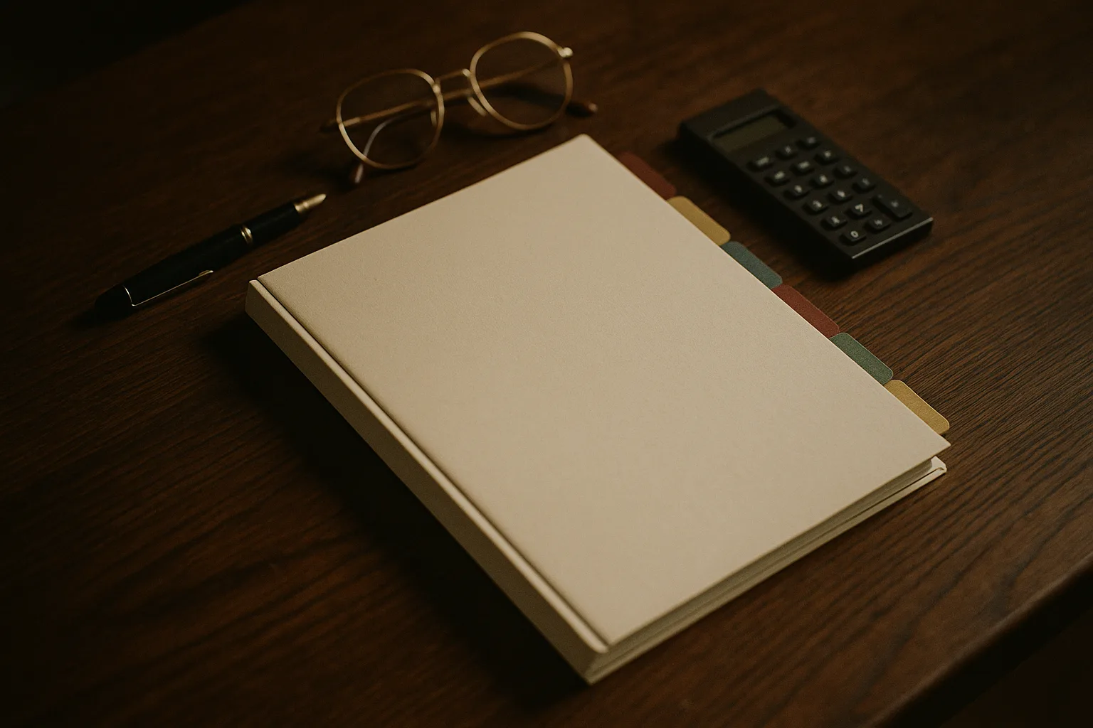A tabbed thoroughbred racing partnership document on an oak desk with reading glasses, a pen and a calculator