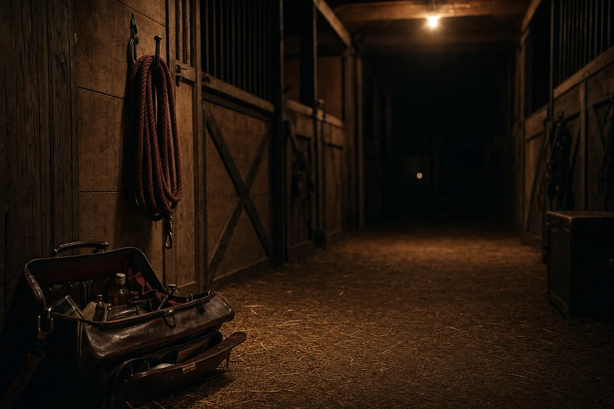 Open veterinarian's bag on straw beside a coiled lead rope in a dim barn aisle at night