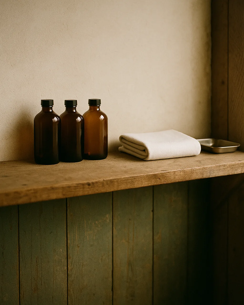 Unlabeled amber bottles, folded towel and steel tray on a barn treatment-room shelf in morning light