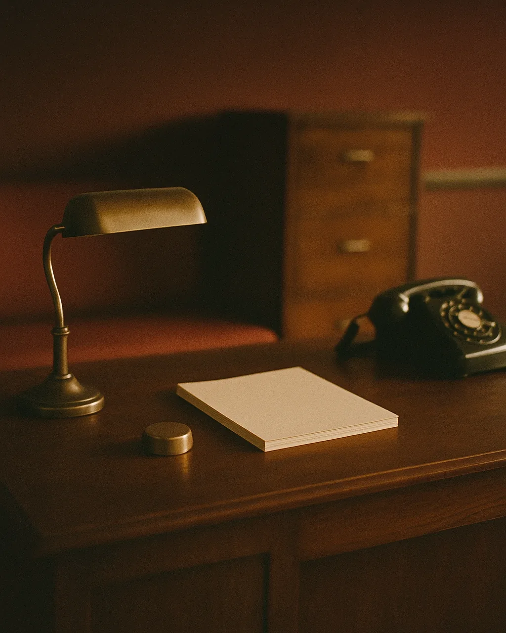 Empty racetrack racing-office desk with brass lamp, blank paper stack and black rotary telephone