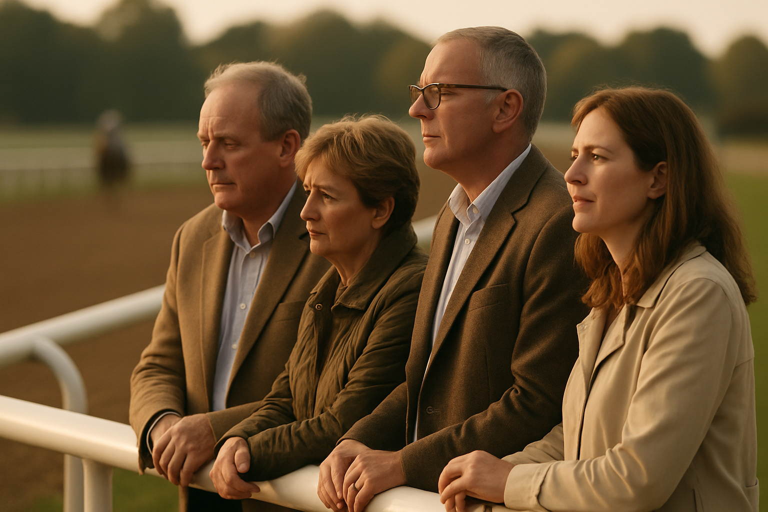 Four racehorse owners in smart-casual coats watch a race together at the track rail in golden evening light.