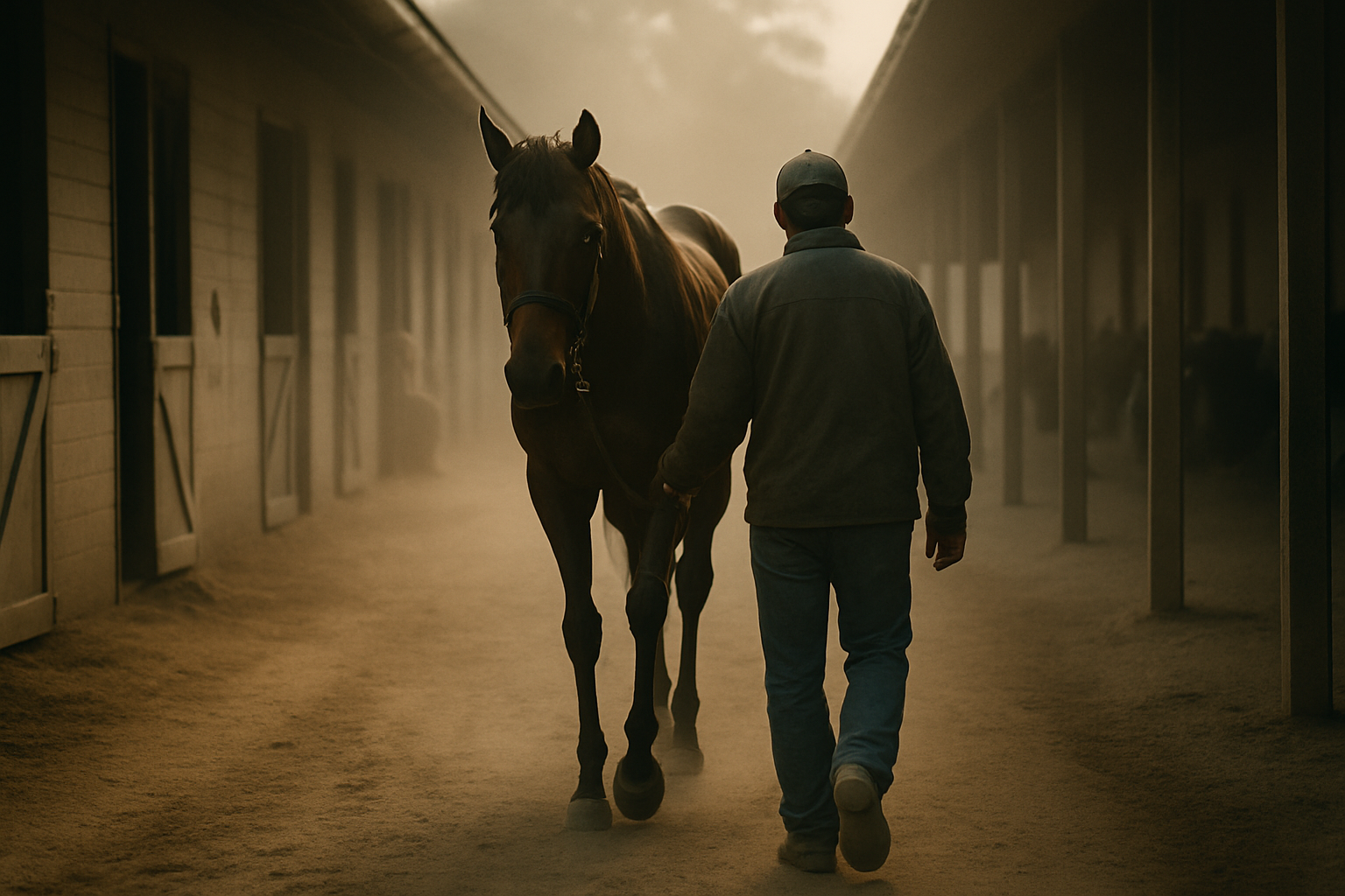 A groom leads a dark bay thoroughbred down a barn shedrow aisle in soft, dusty early-morning light.