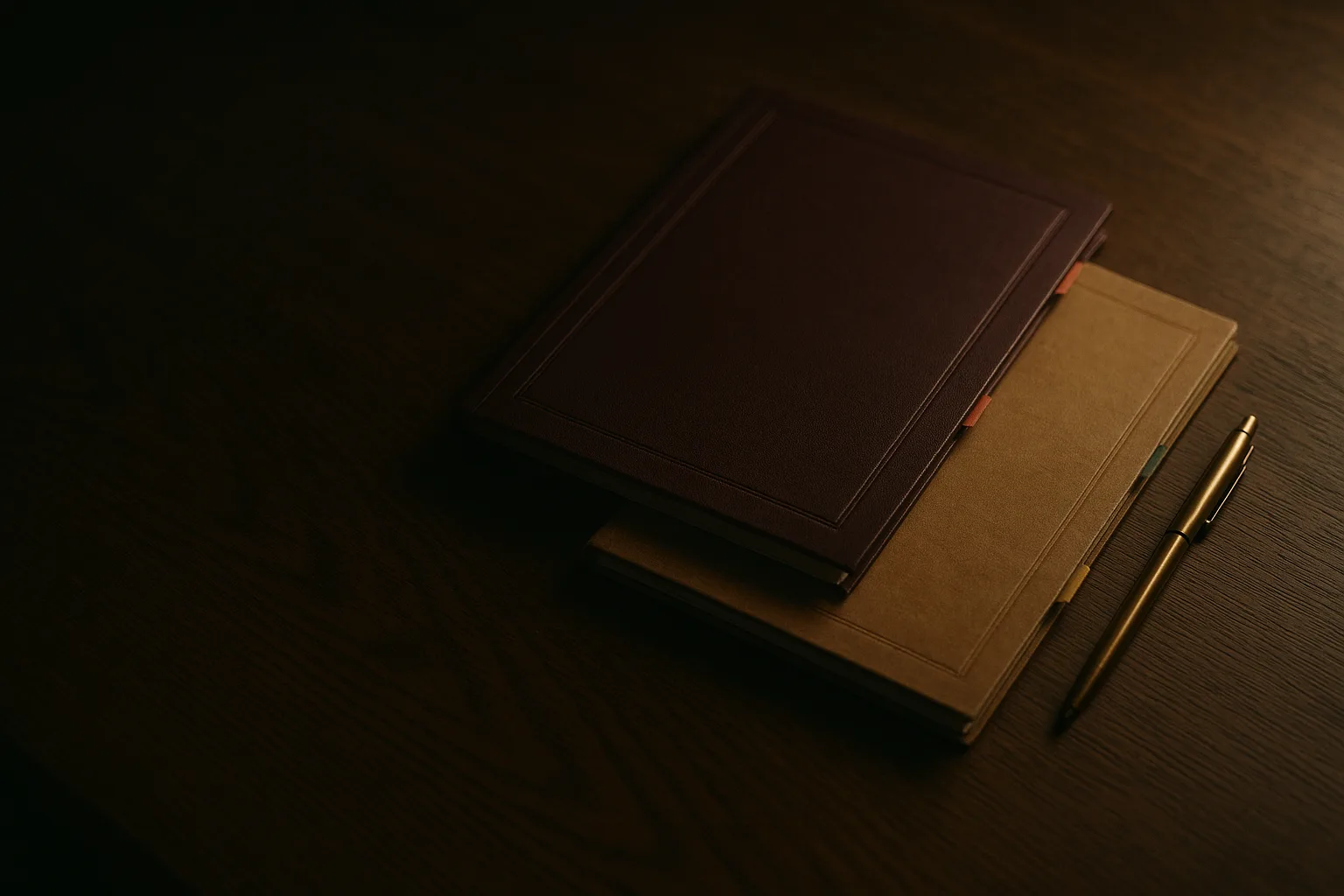Two bound SEC offering circulars and a brass pen on a dark oak desk.