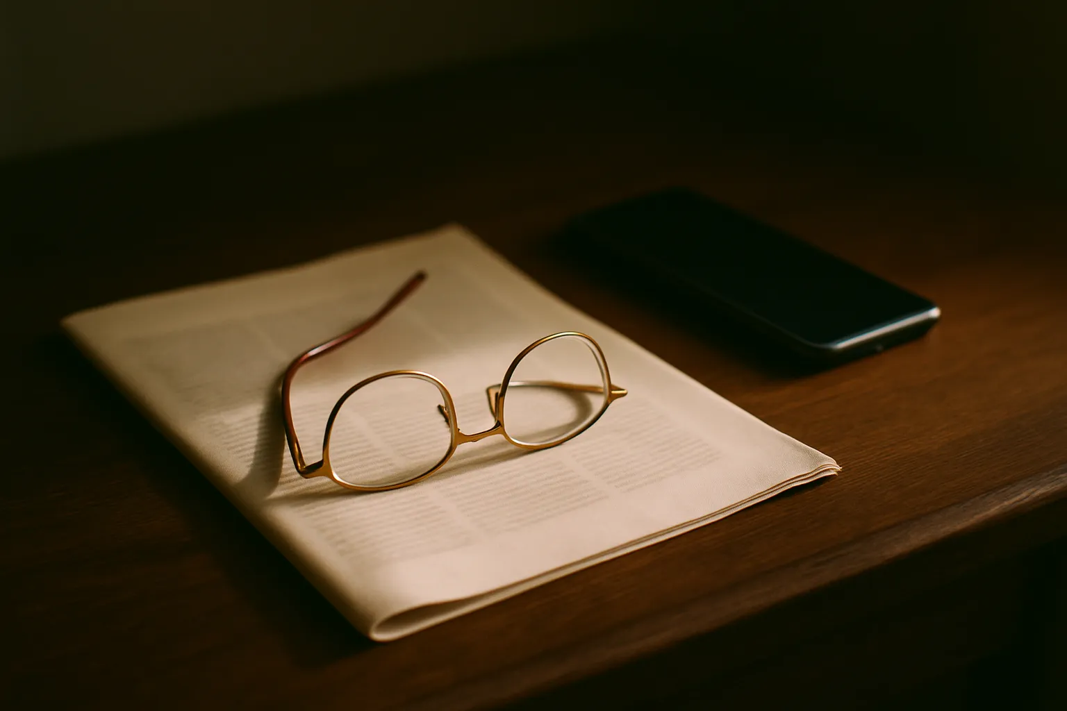 Gold-rimmed reading glasses on a folded newspaper beside a phone on a dark oak desk in warm light