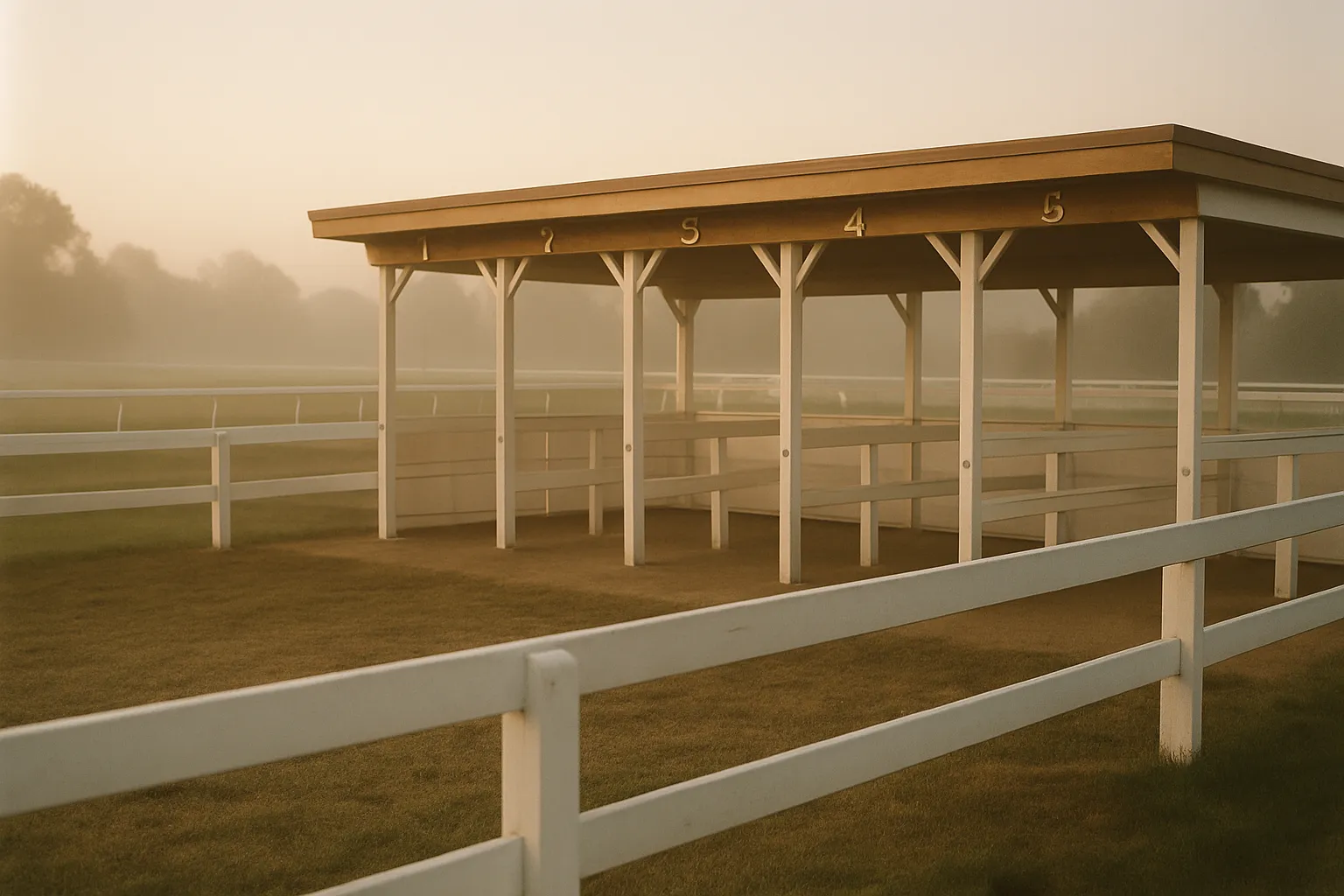 Empty saddling paddock at dawn with white rails and numbered stalls in soft morning mist
