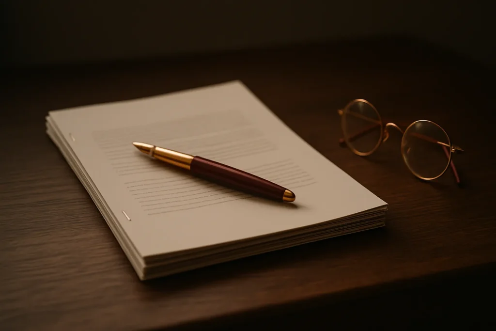 Stack of printed documents with a fountain pen and reading glasses on a desk