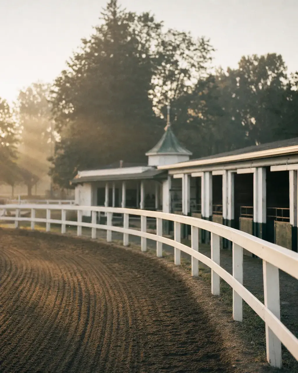Empty racetrack saddling paddock and white walking-ring rail at dawn in soft mist