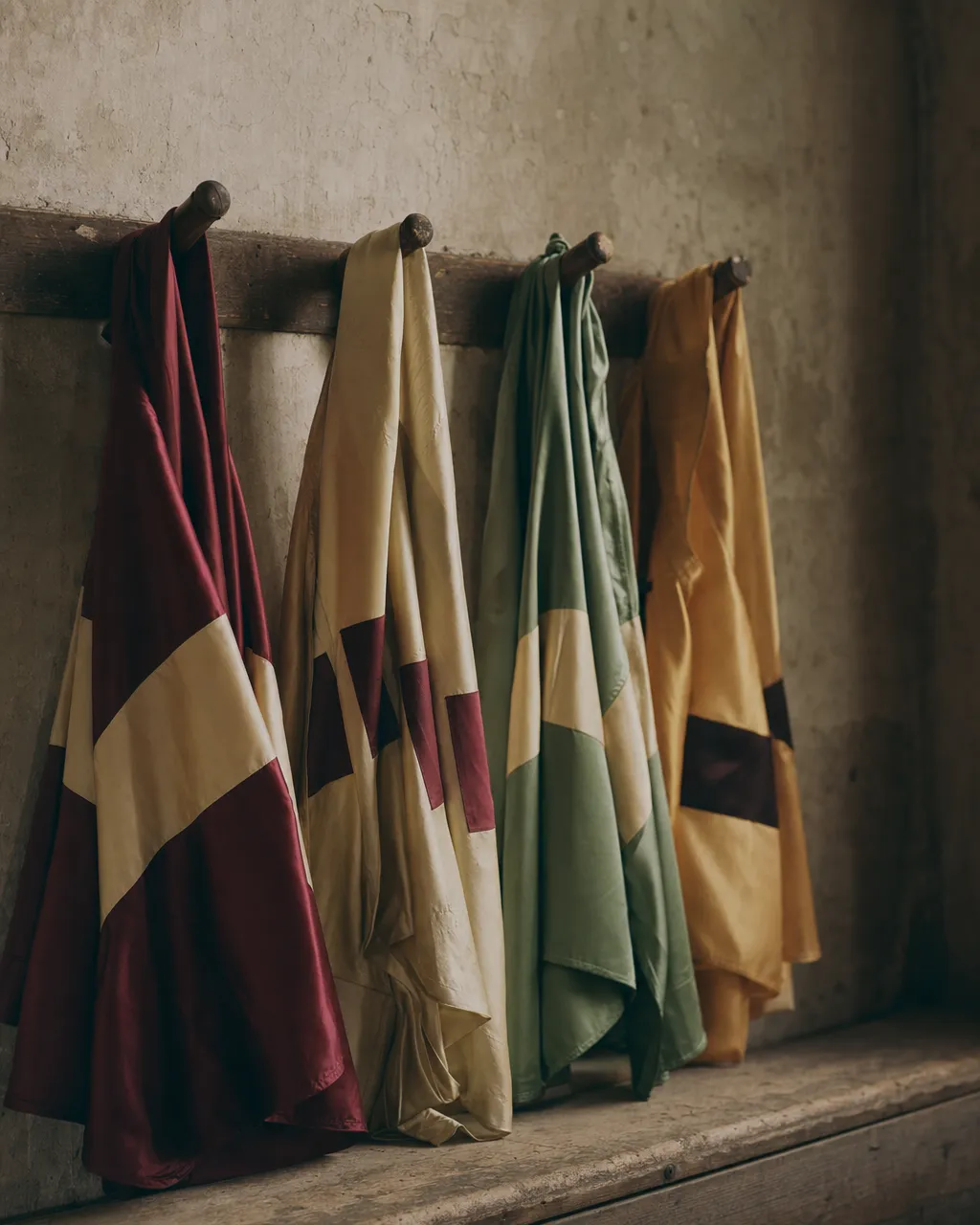 Folded racing silks in oxblood, cream, green and gold on wooden pegs against aged plaster