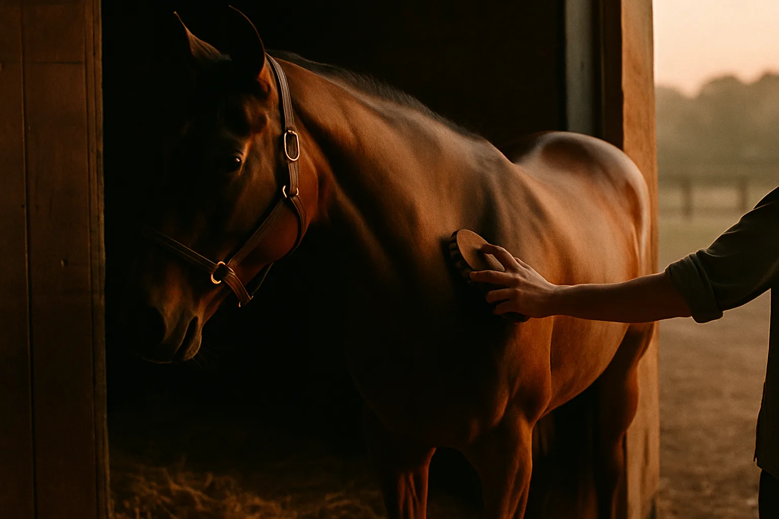 A young Thoroughbred being brushed in a stable doorway at dawn during sales prep