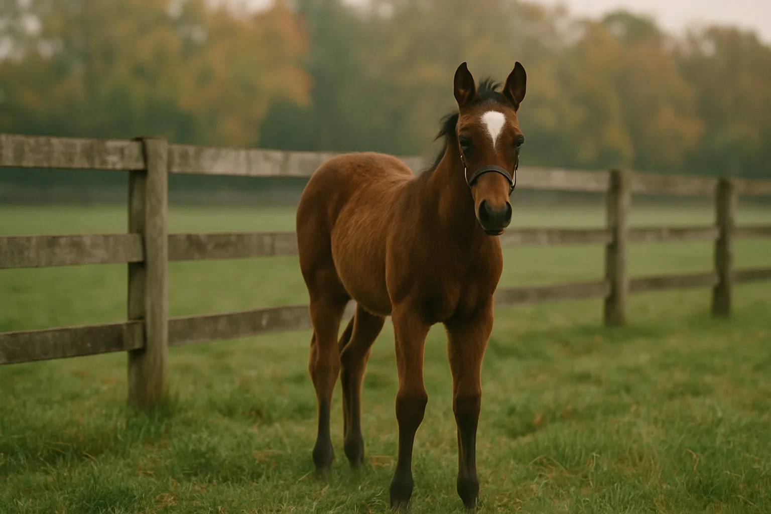 A young bay Thoroughbred weanling standing in a green paddock by a post-and-rail farm fence