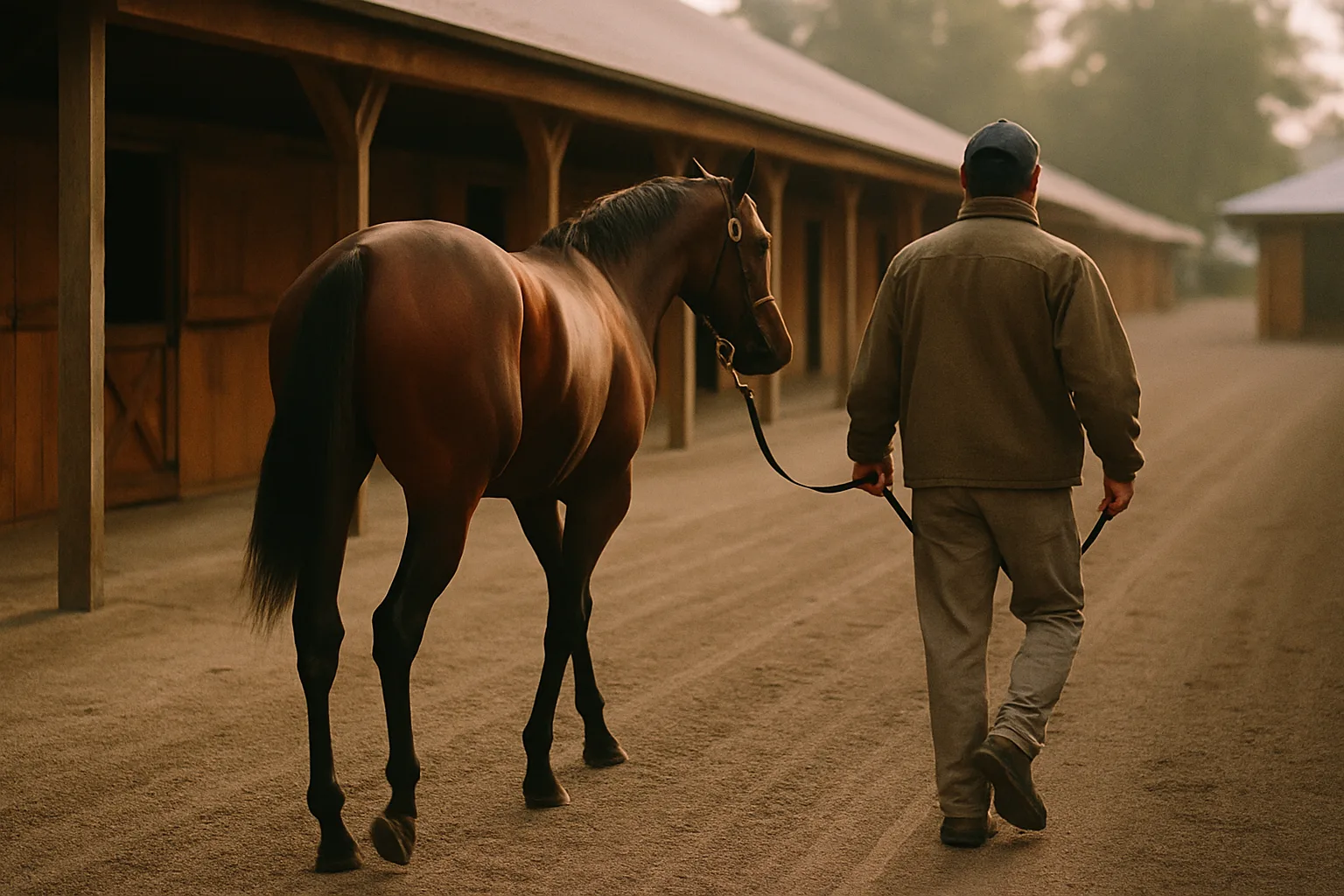 A handler leads a groomed Thoroughbred yearling past wooden sales barns at a bloodstock auction