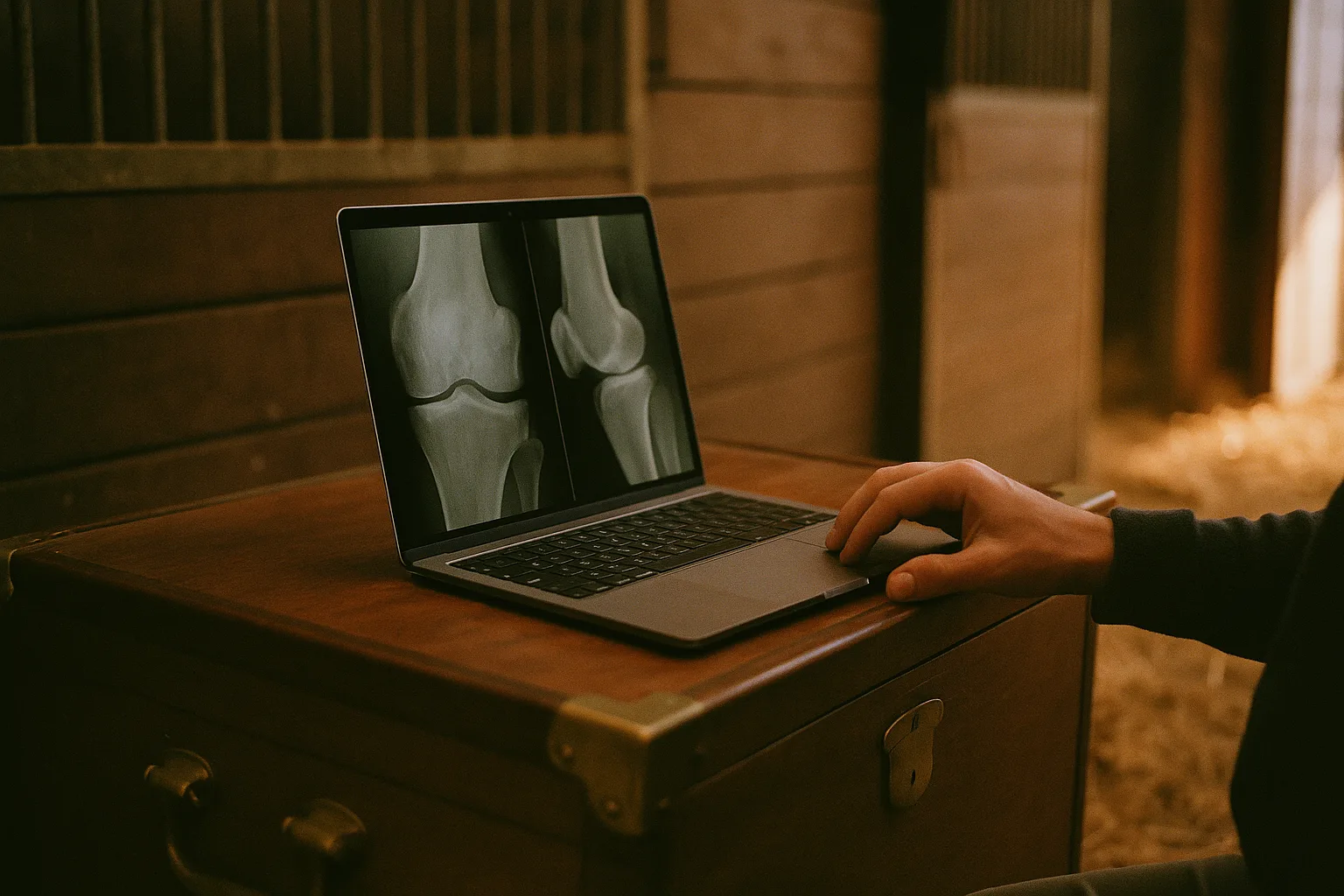 Laptop on a tack trunk showing horse joint x-ray films in a sales barn at dawn