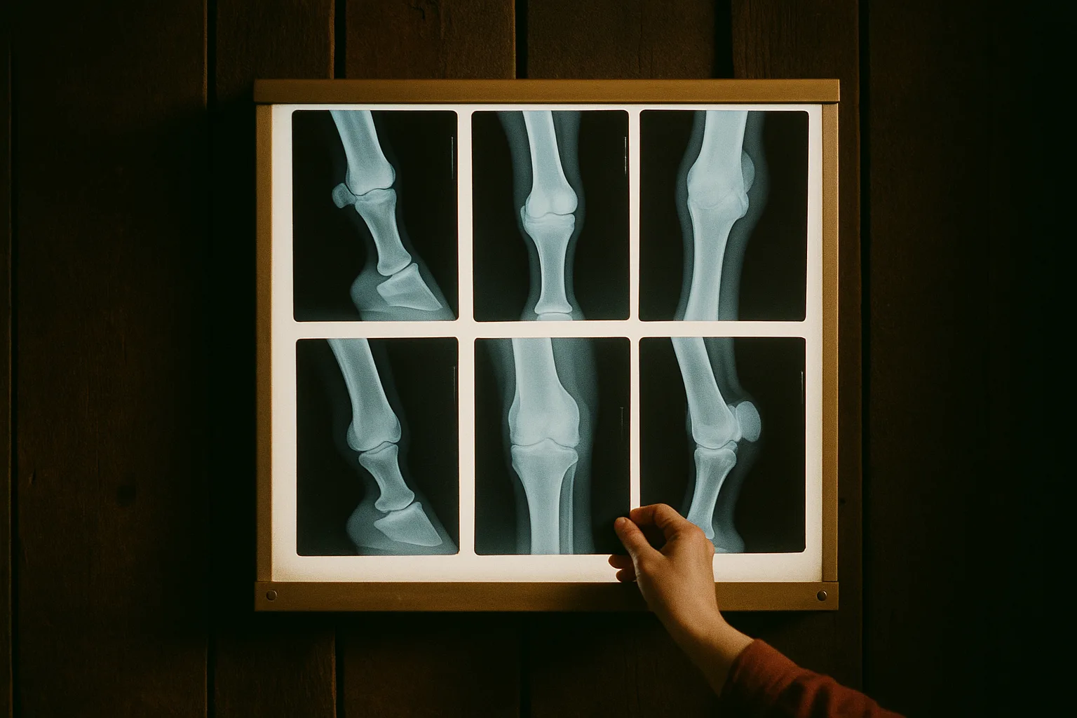 Backlit view box showing equine leg radiographs in a dim barn before a pre-purchase exam
