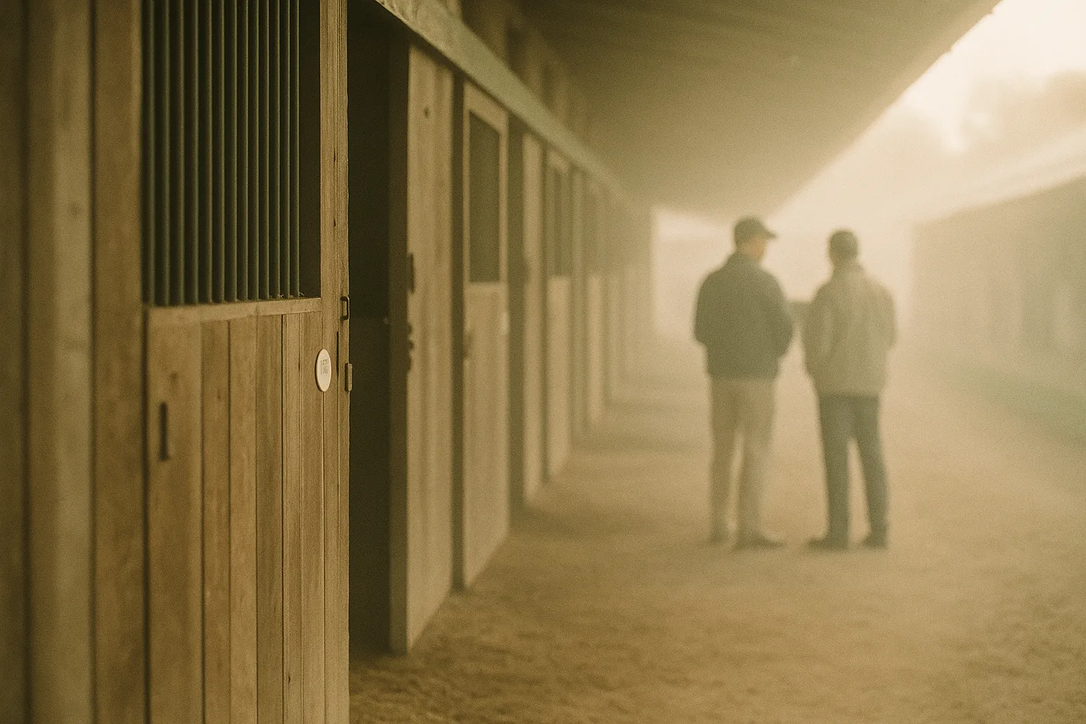 Numbered stall doors and two distant figures in a thoroughbred sales barn at dawn