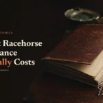 Leather ledger, reading glasses and pen on oak desk with headline 'What Racehorse Insurance Actually Costs'
