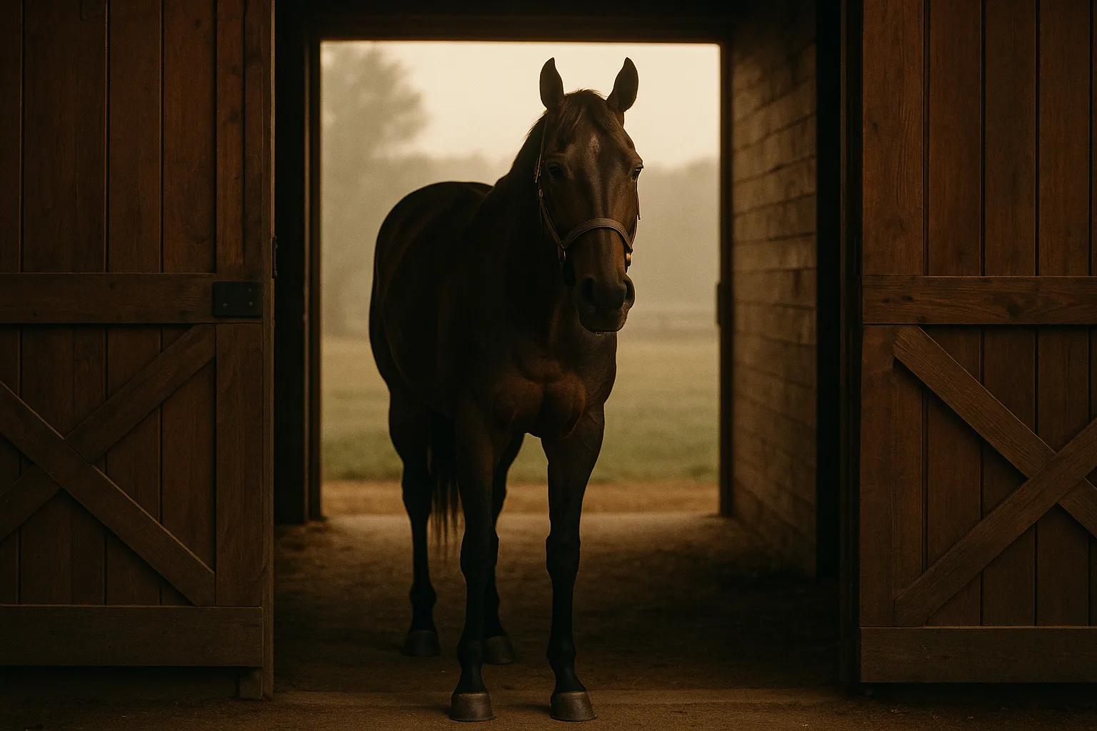 A dark bay thoroughbred standing in a stable doorway in soft morning light, the asset a mortality policy protects.