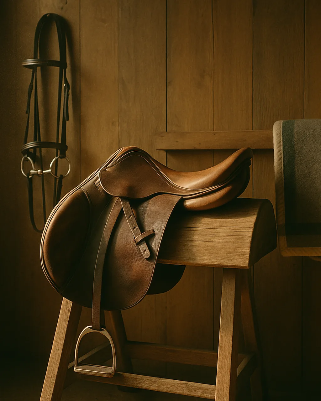 Leather English saddle on a wooden rack beside a snaffle bridle in a quiet tack room