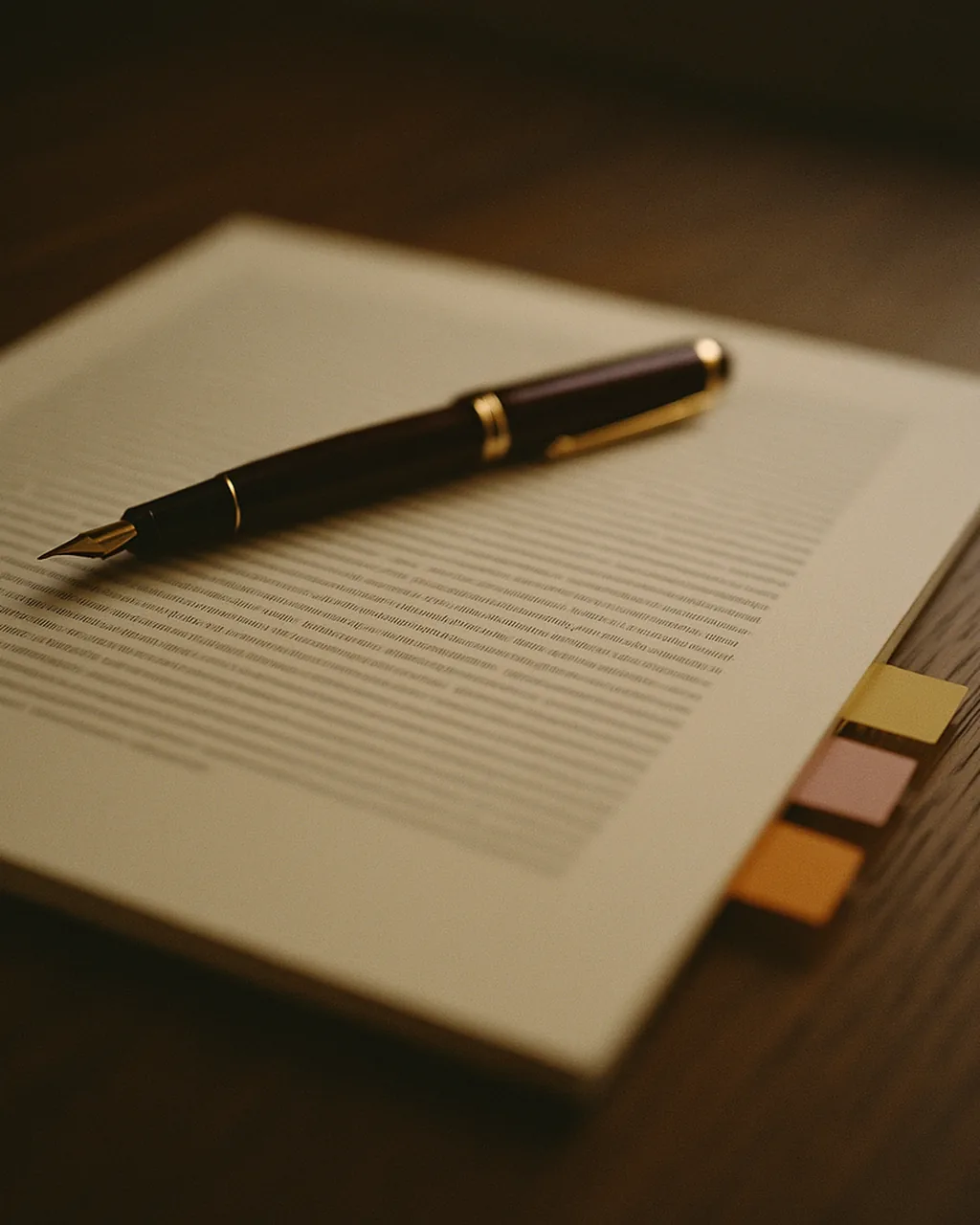 Contract page on dark oak desk with fountain pen and three coloured tabs marking flagged clauses