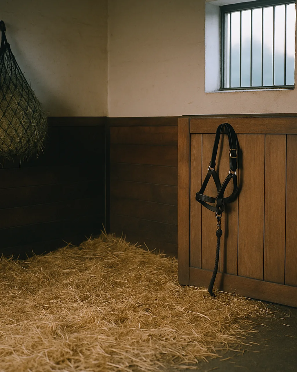Empty horse stall at dawn with fresh straw, a full haynet and a leather halter on the door