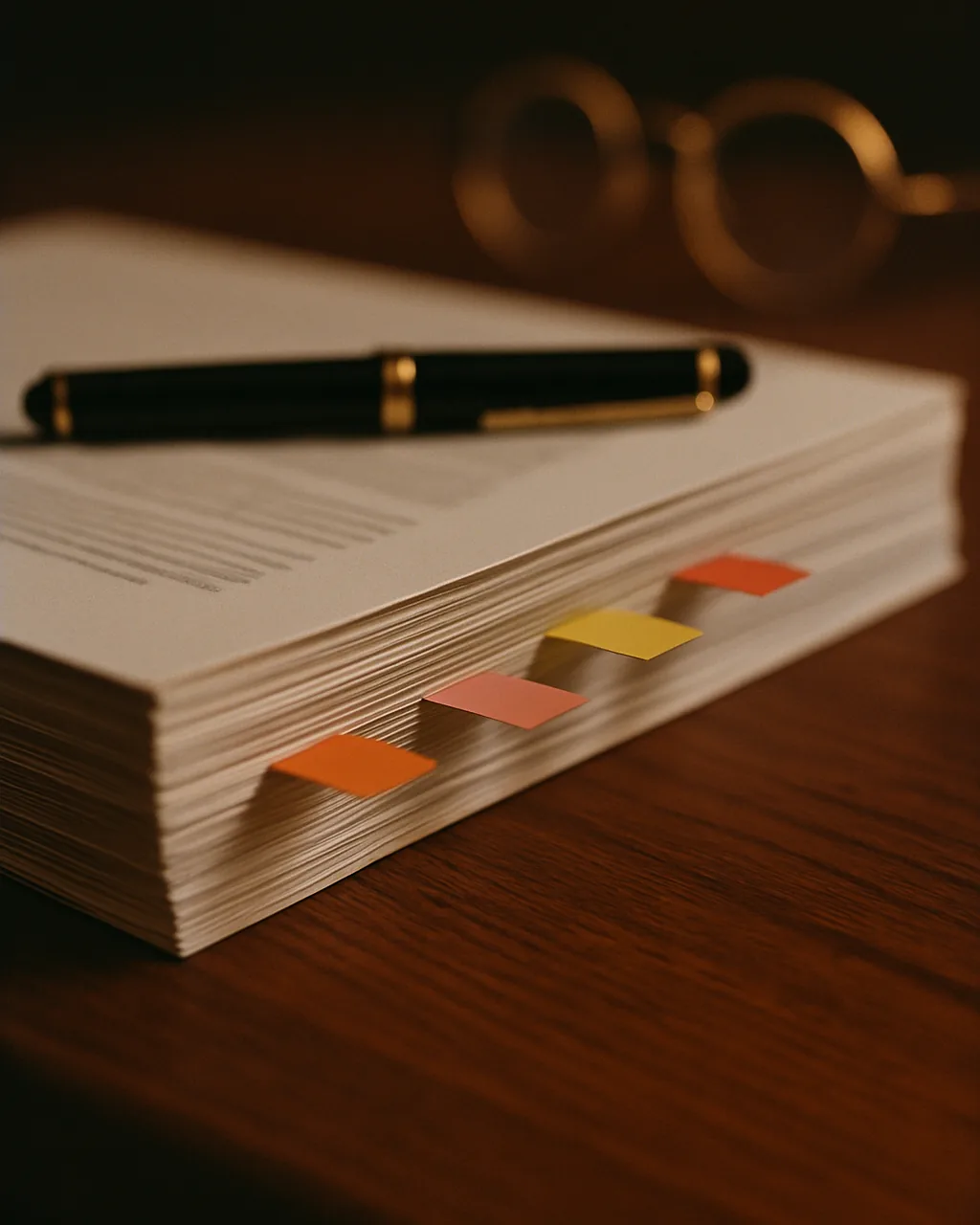 Stack of partnership agreement pages with four coloured clause tabs and a fountain pen on oak