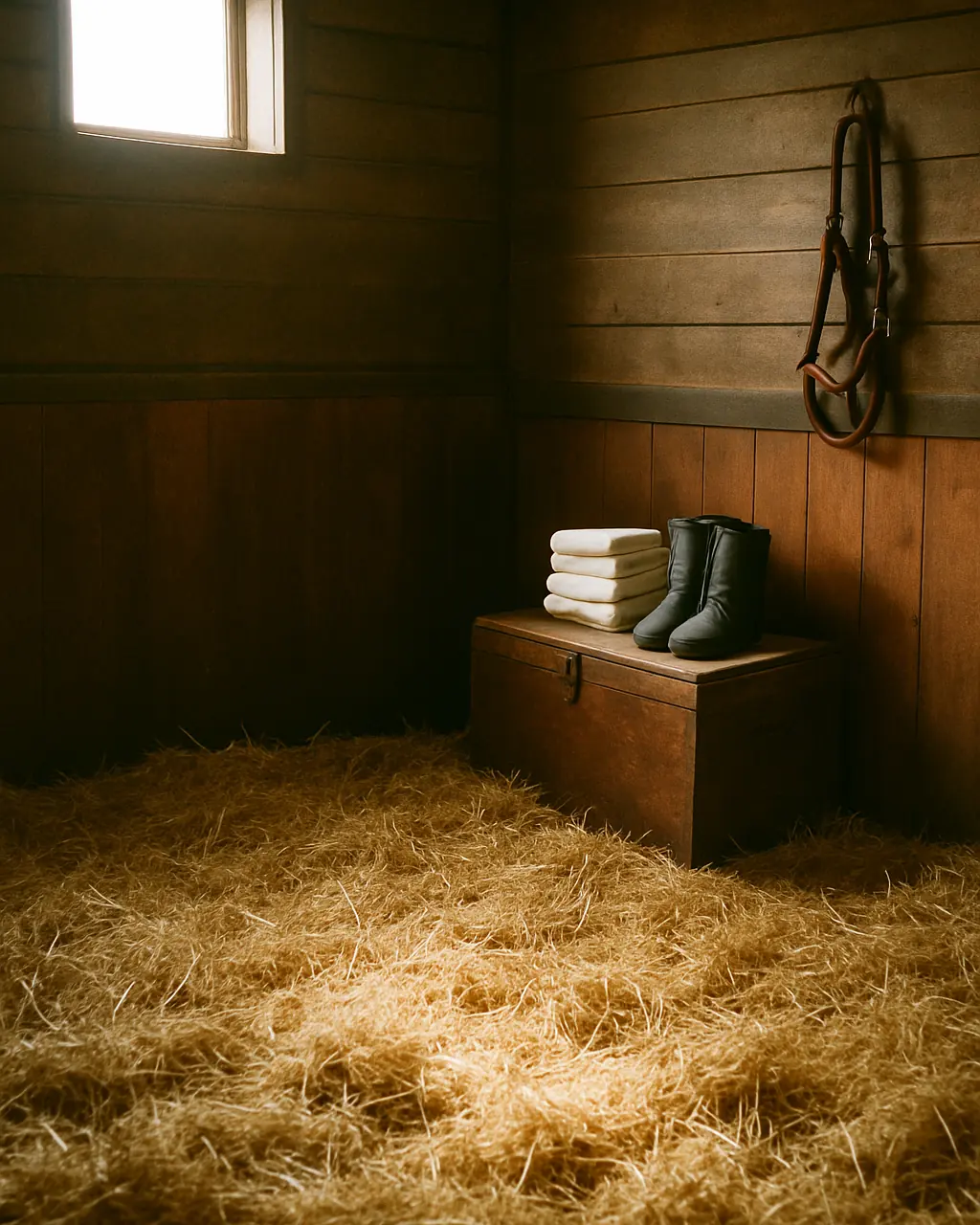 Empty racing stall with fresh straw, folded bandages and boots on a wooden tack trunk