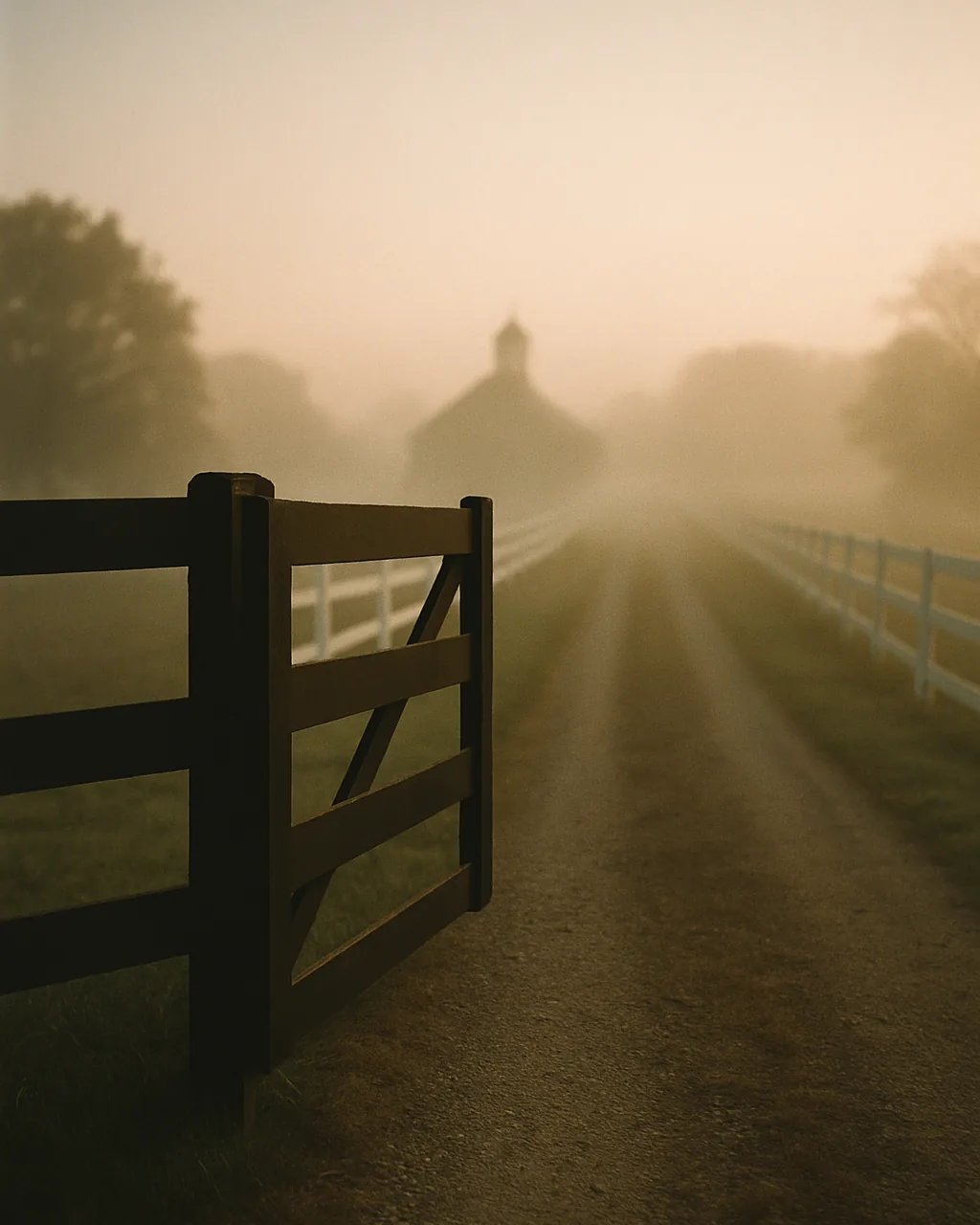 Open farm gate at dawn with gravel lane and misty barn cupola beyond white fencing