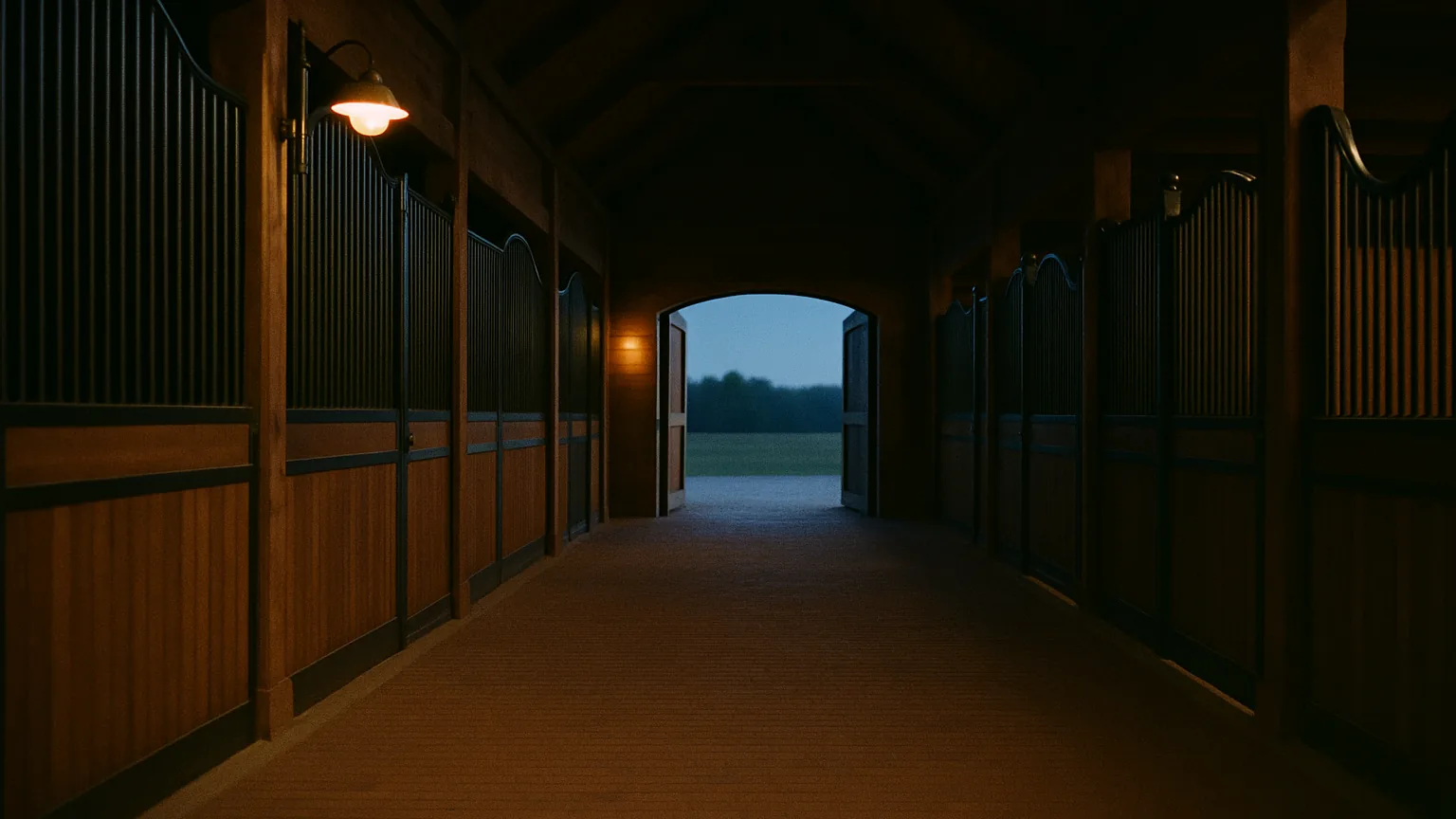 Empty stallion barn breezeway at dusk with timber stall fronts and one lit lamp