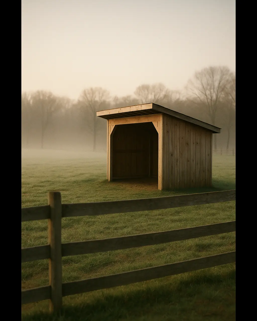 Empty timber run-in shed in a misty dawn pasture behind weathered post-and-rail fencing