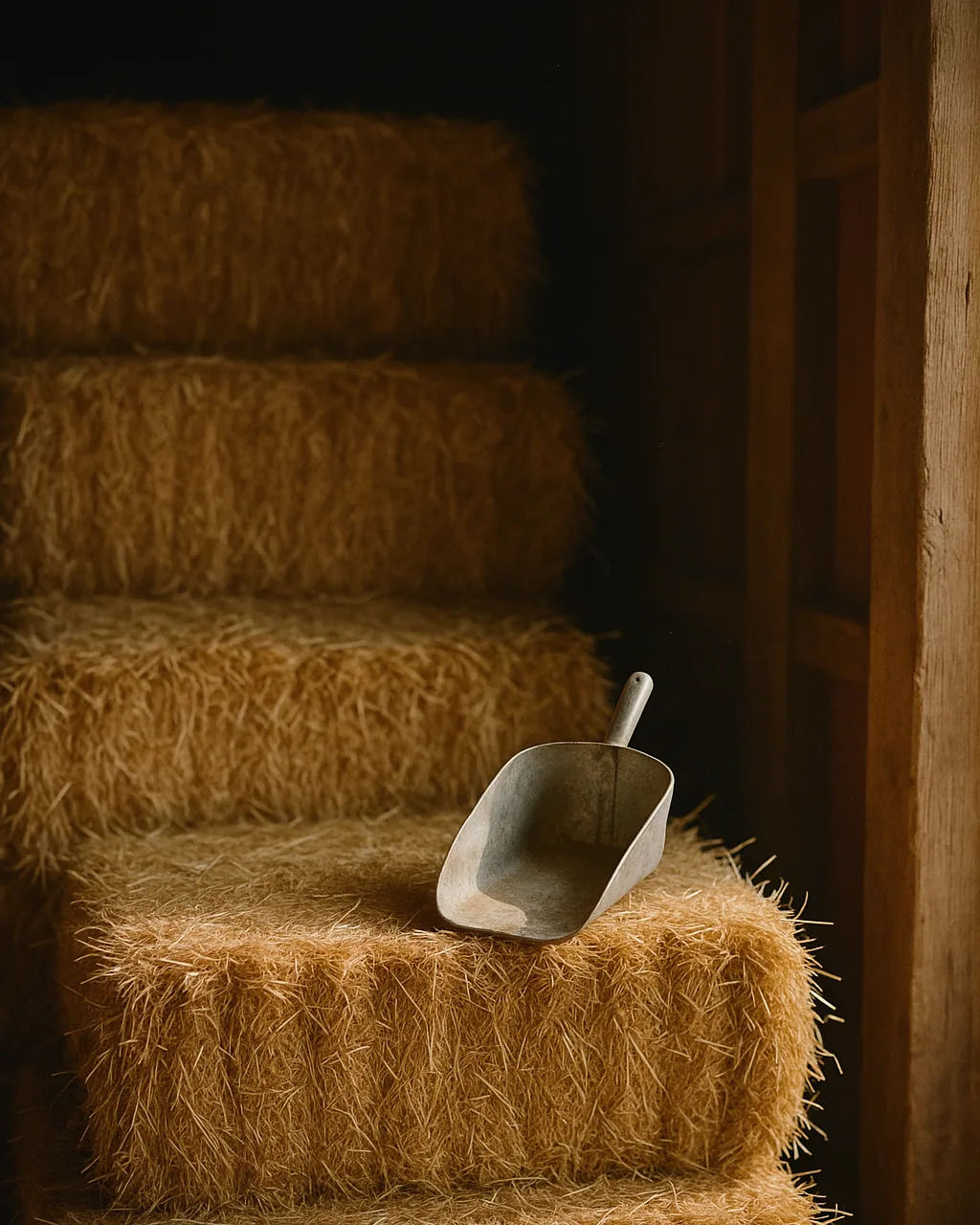 Stacked hay bales in a barn store with a worn galvanised feed scoop in late afternoon light