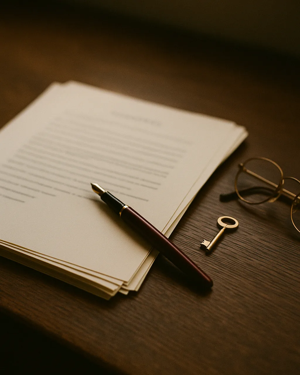 Stack of agreement papers on an oak desk with a fountain pen, brass key and reading glasses